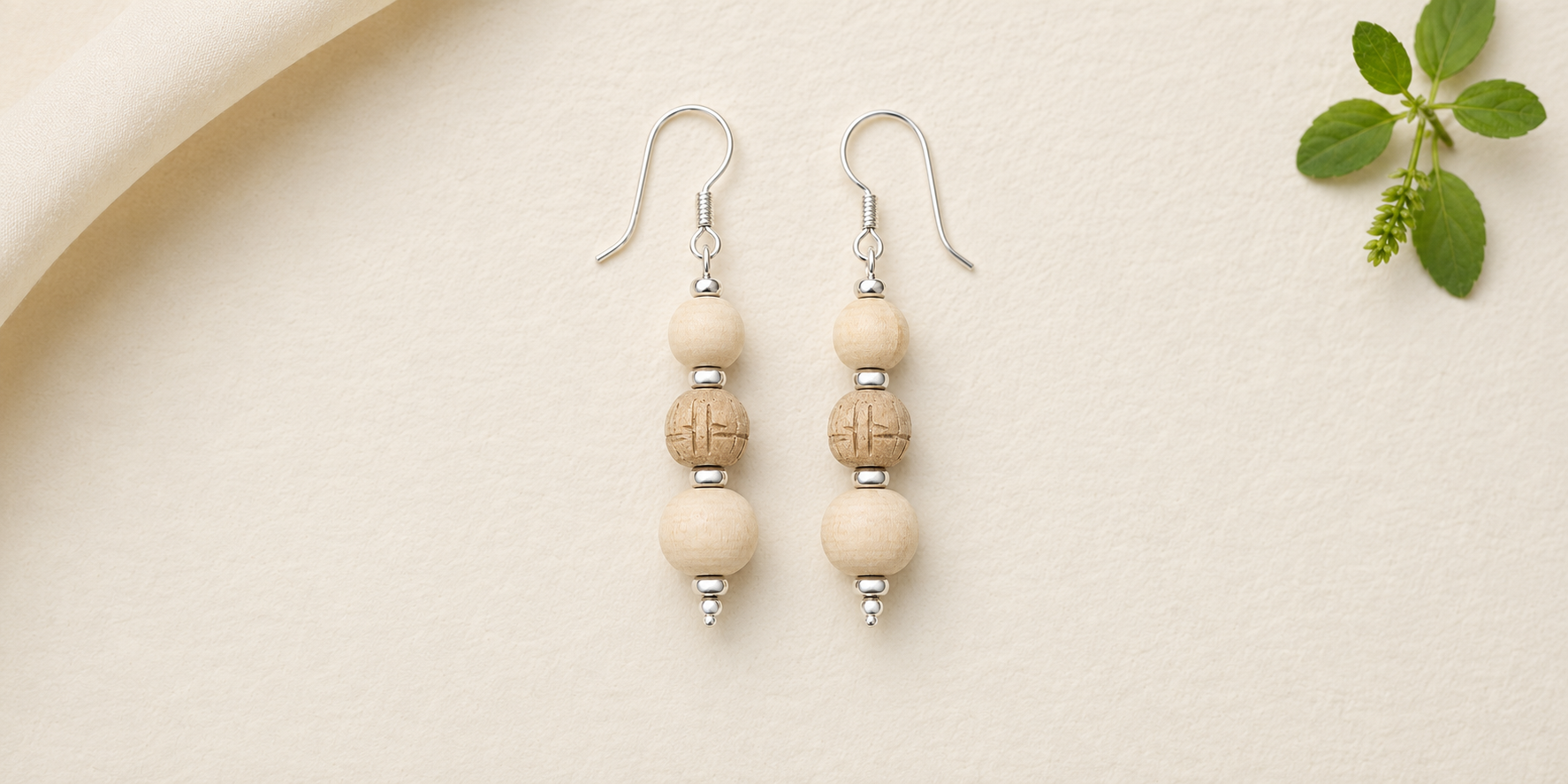 Handcrafted Silver Tulsi Earrings with natural Tulsi wood beads and polished silver hooks
