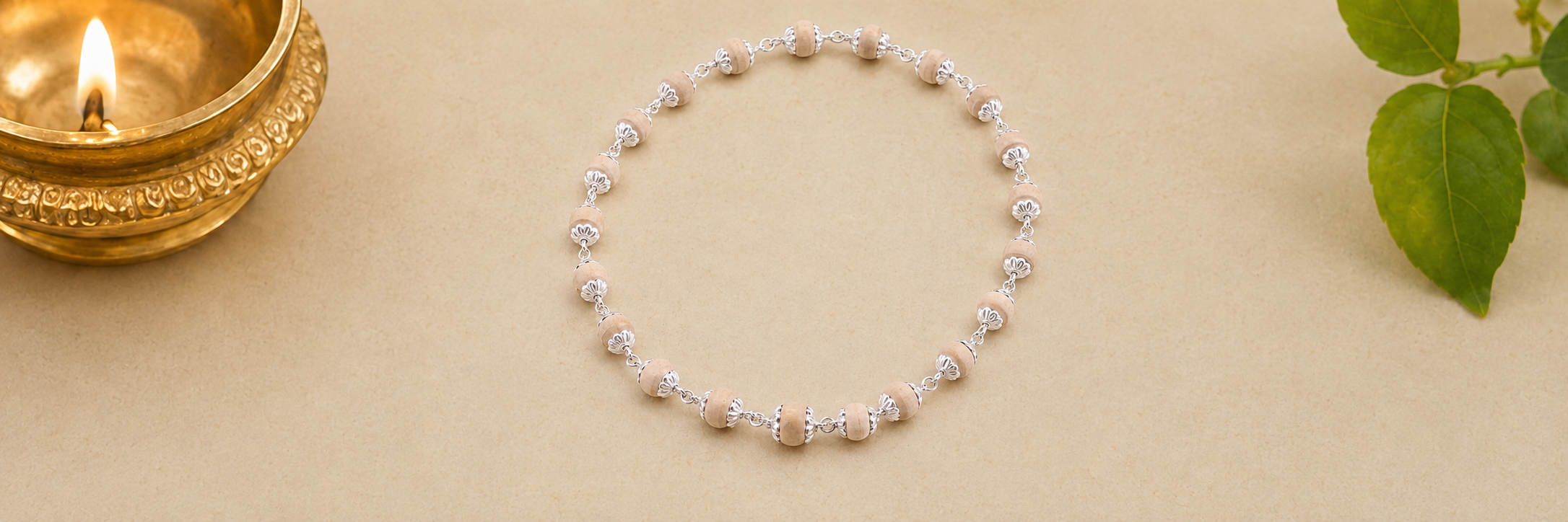 Handcrafted Silver Tulsi Mala with natural Tulsi wood beads and polished silver caps