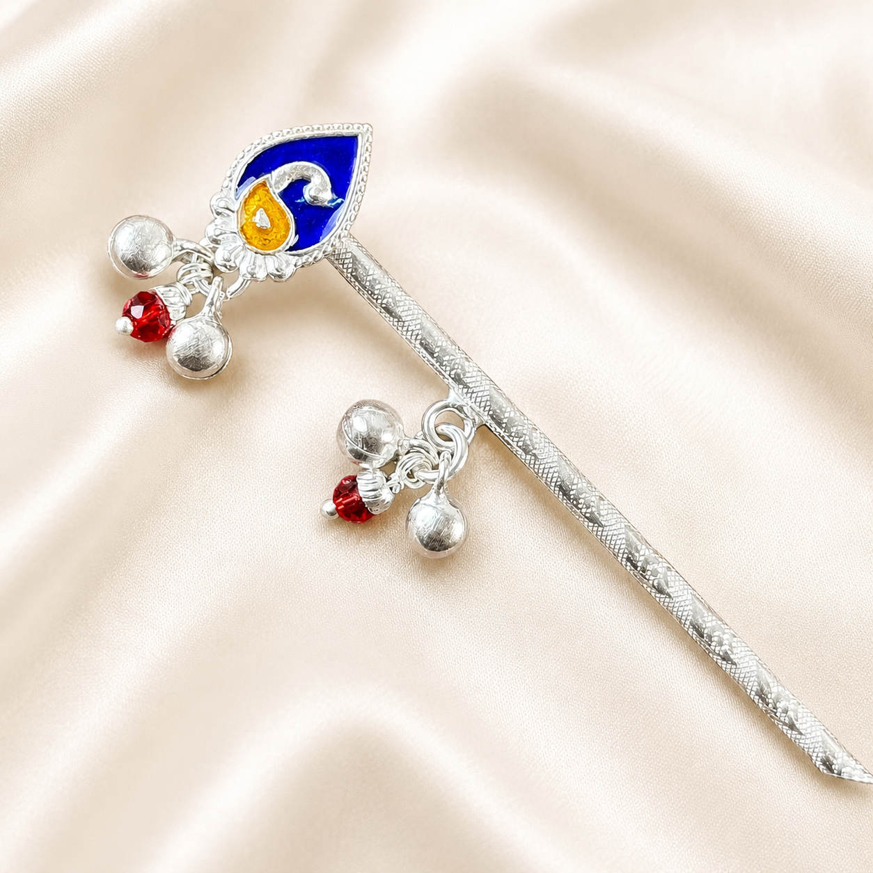 Pure Silver Handcrafted Bansuri for Laddu Gopal Ji front product view with peacock motif