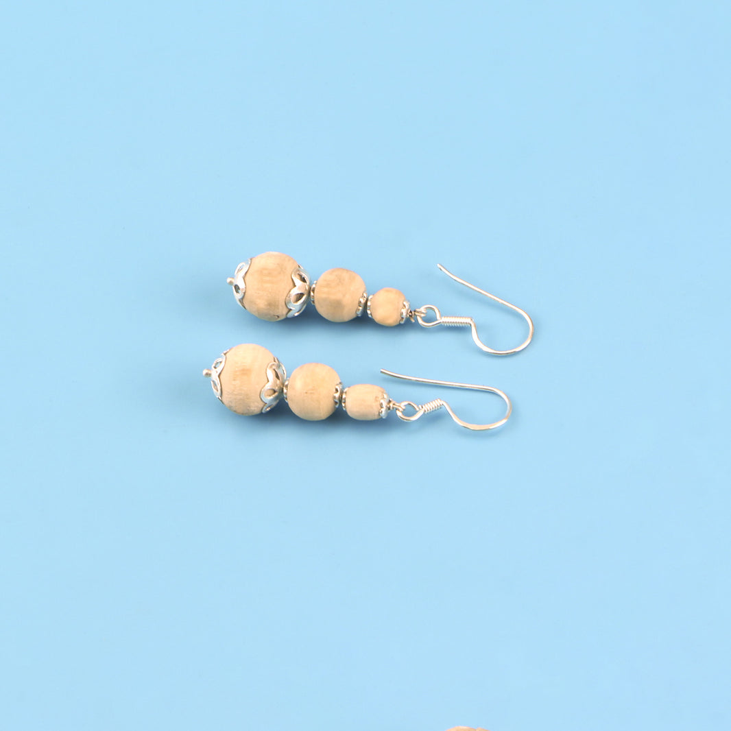Silver Tulsi Earrings – Round Tulsi Beads with Silver Capping