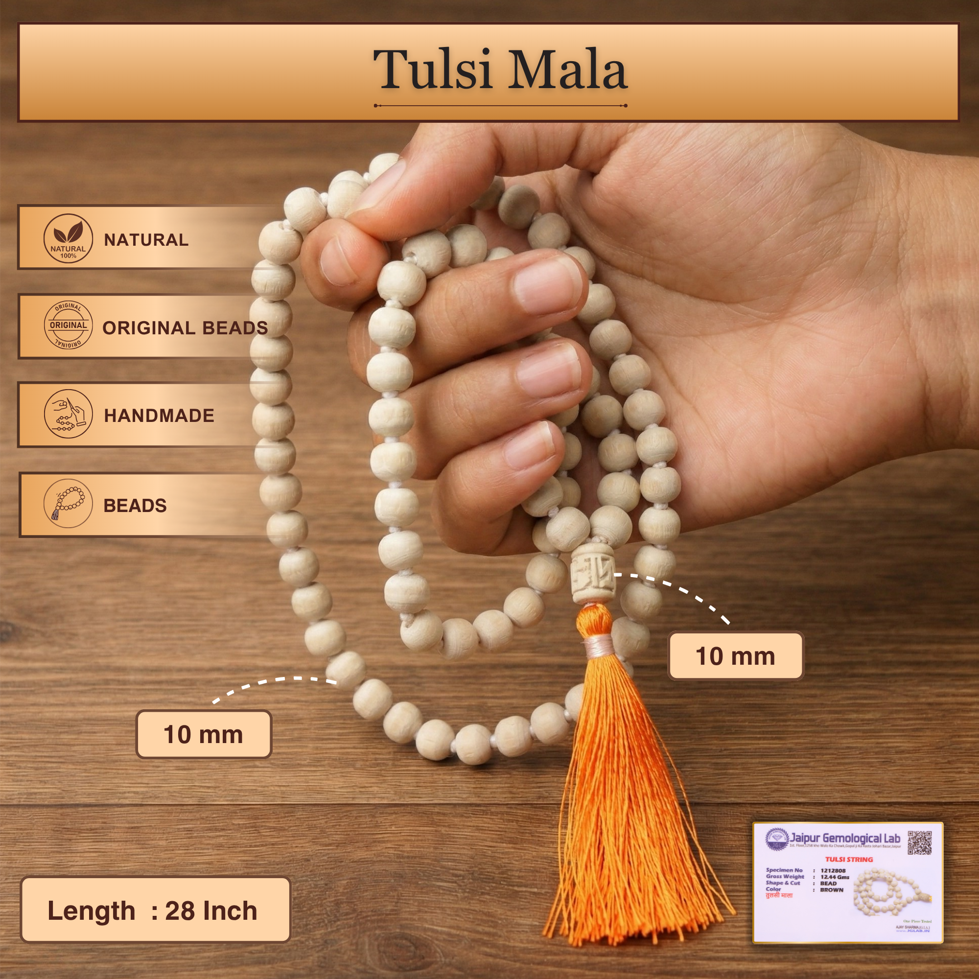 Size chart showing the 10mm bead size and 28 inch length of the 54 bead chanting mala