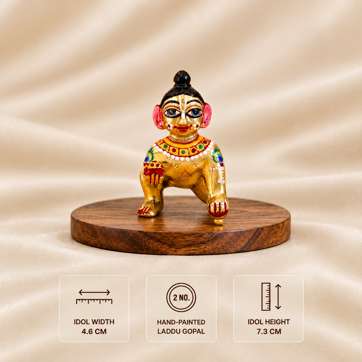 2 No. hand-painted golden Laddu Gopal idol measuring 7.3 cm high and 4.6 cm wide.