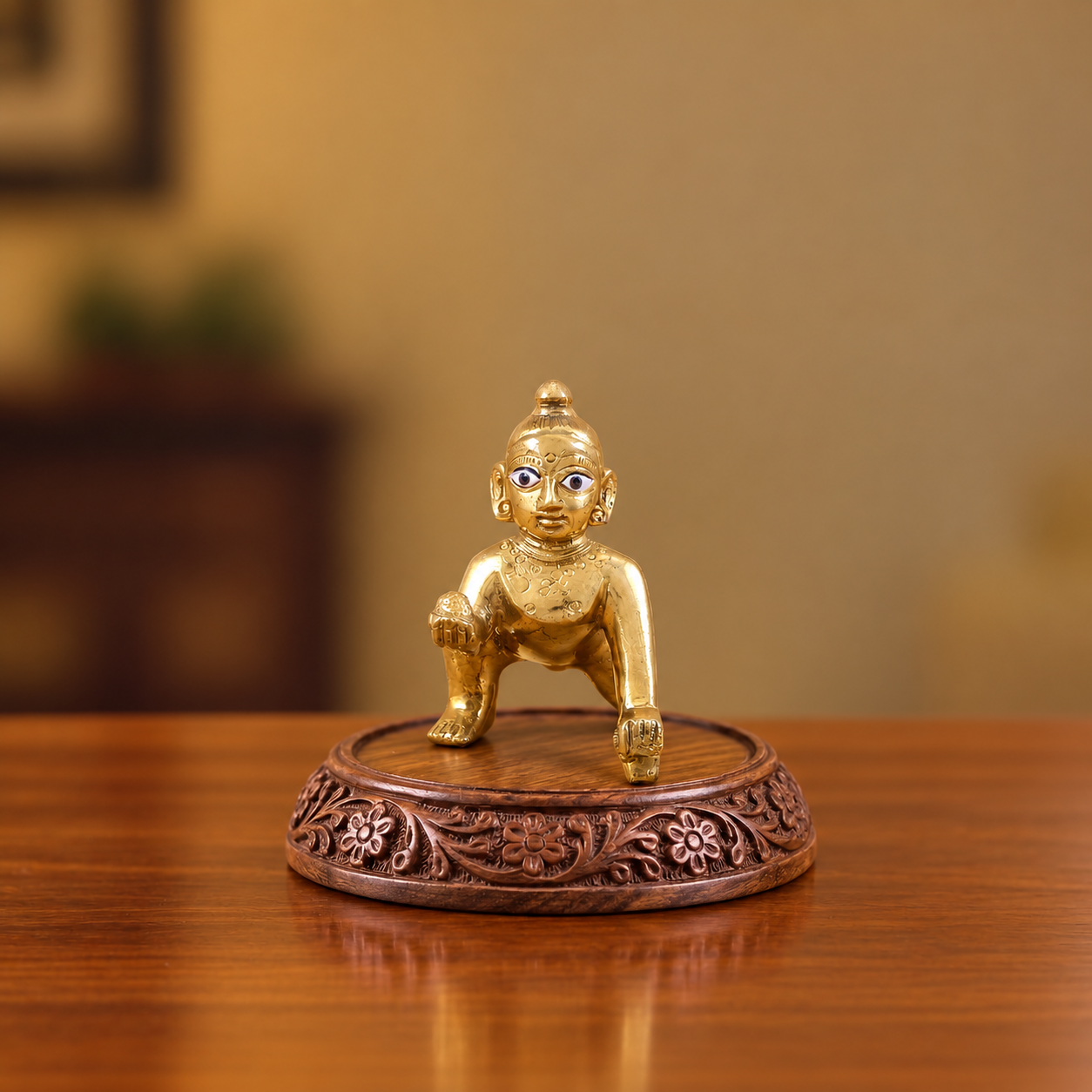 2 No. plain Ashtadhatu Laddu Gopal idol on a carved wooden base.