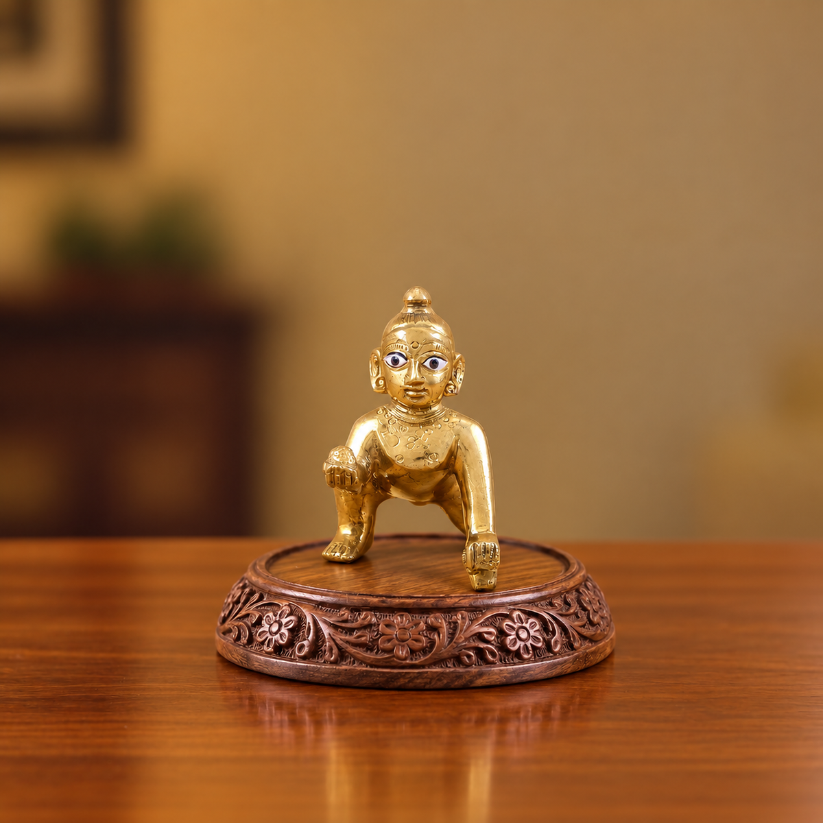 2 No. plain Ashtadhatu Laddu Gopal idol on a carved wooden base.
