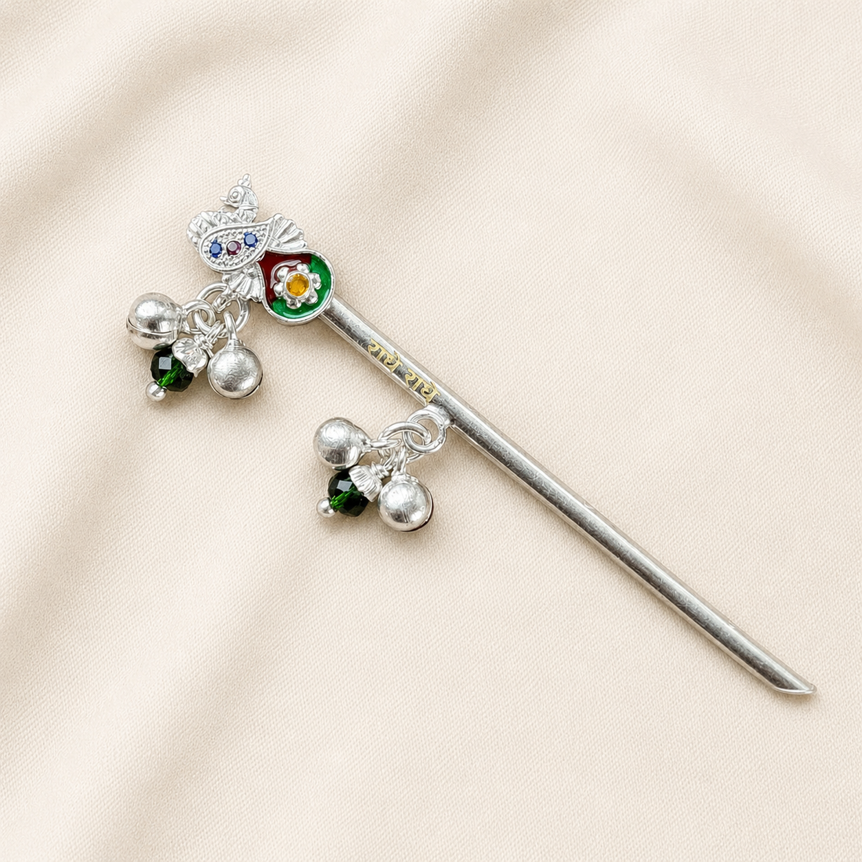 Silver Flute for Laddu Gopal Deity front product view with peacock and gemstone details