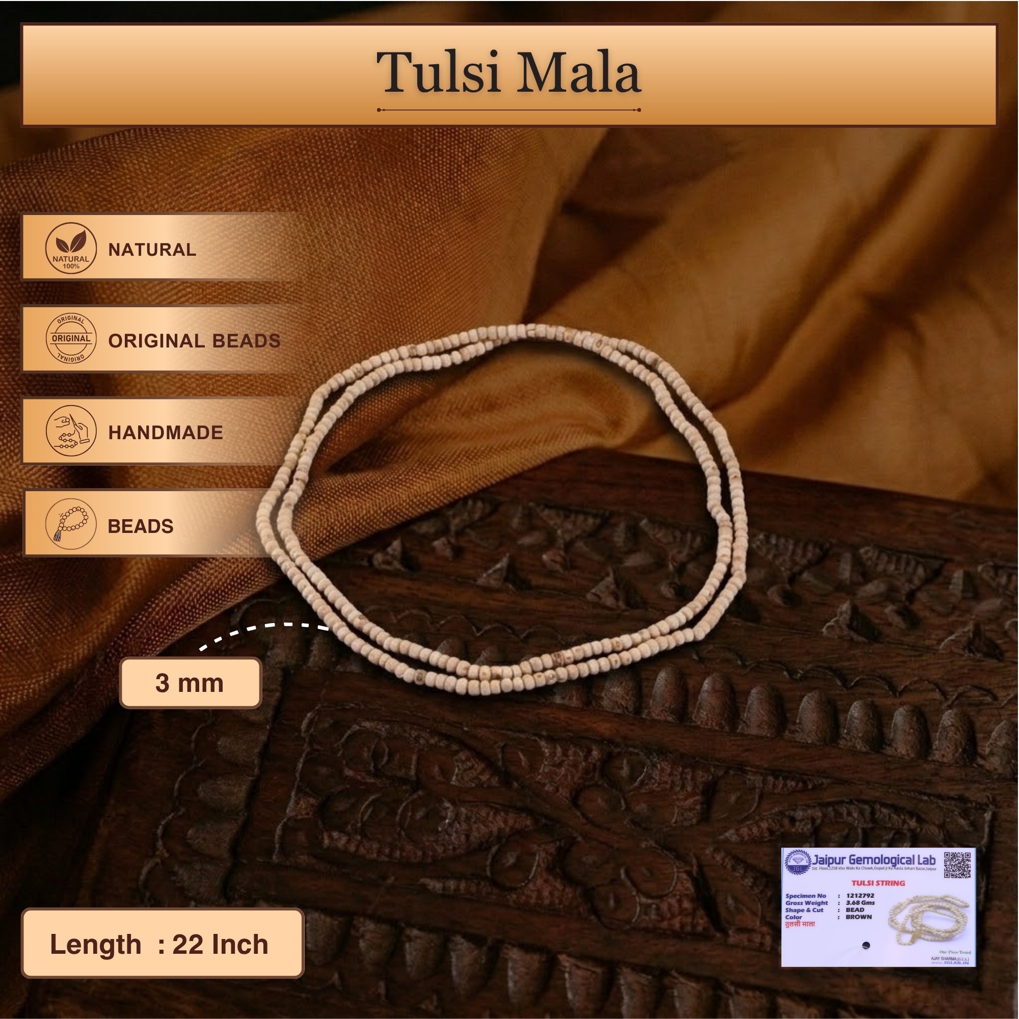 Size and length details showing the 22-inch length of the 2-round small bead Tulsi kanthi mala