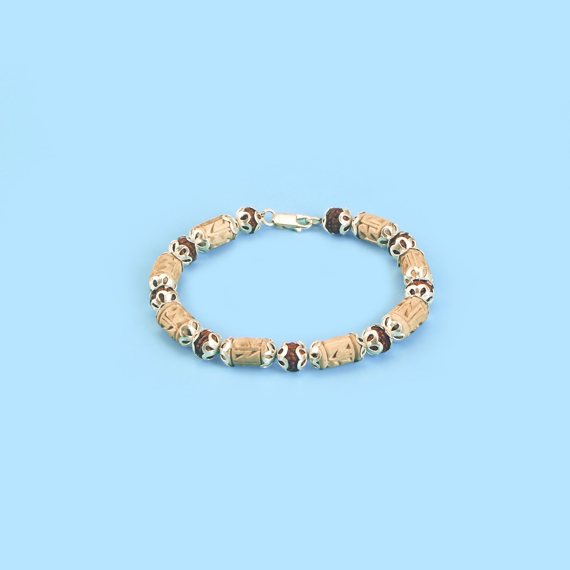 Silver Tulsi Rudraksha Bracelet – Carved Tulsi Beads with 925 Pure Silver Capping