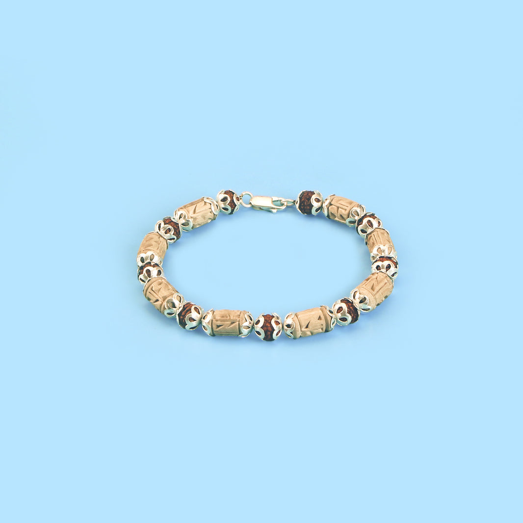 Silver Tulsi Rudraksha Bracelet – Carved Tulsi Beads with 925 Pure Silver Capping