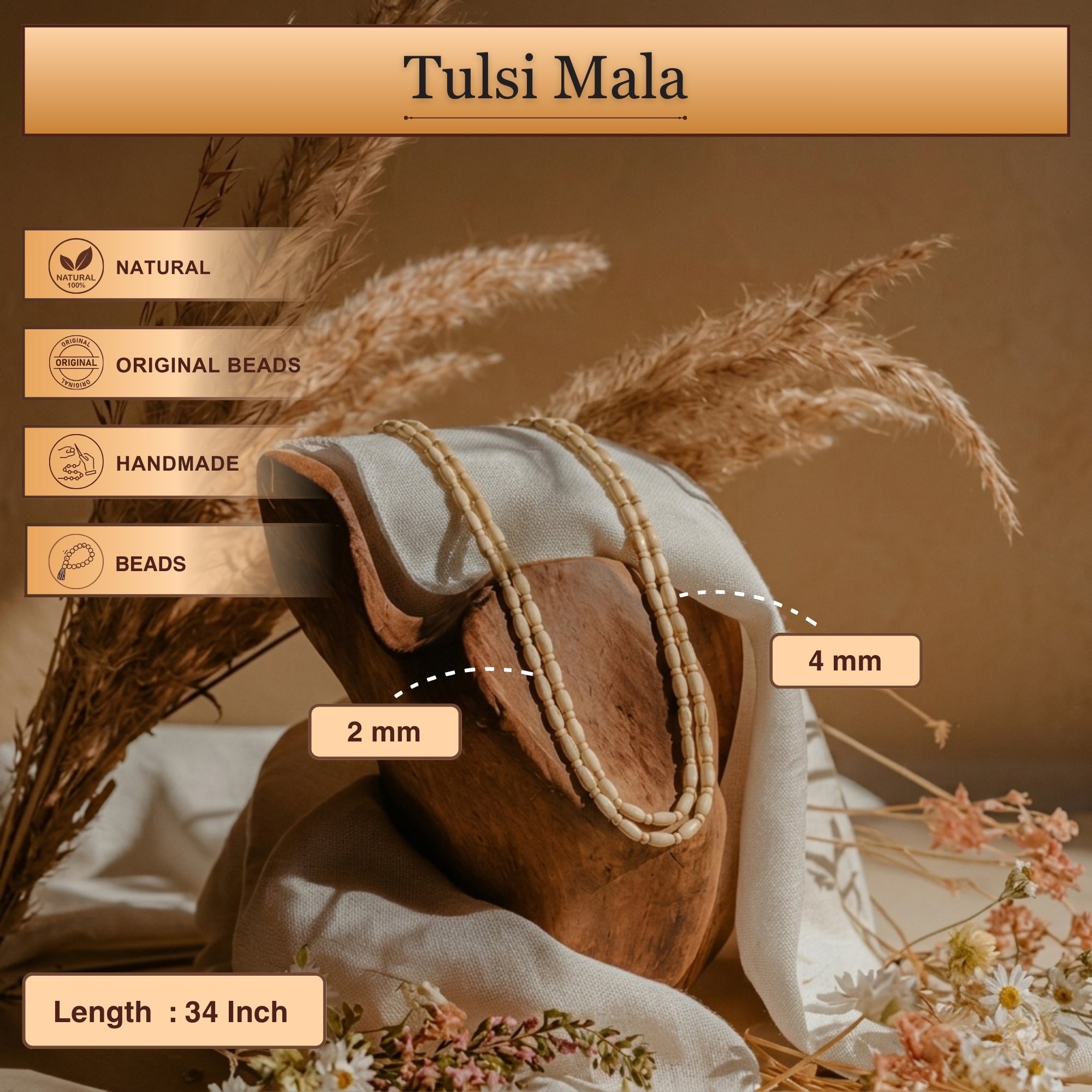 Handmade Tulsi Kanthi Mala 2 Round – Oval-Shaped Tulsi Beads, Natural Tulsi Neckware
