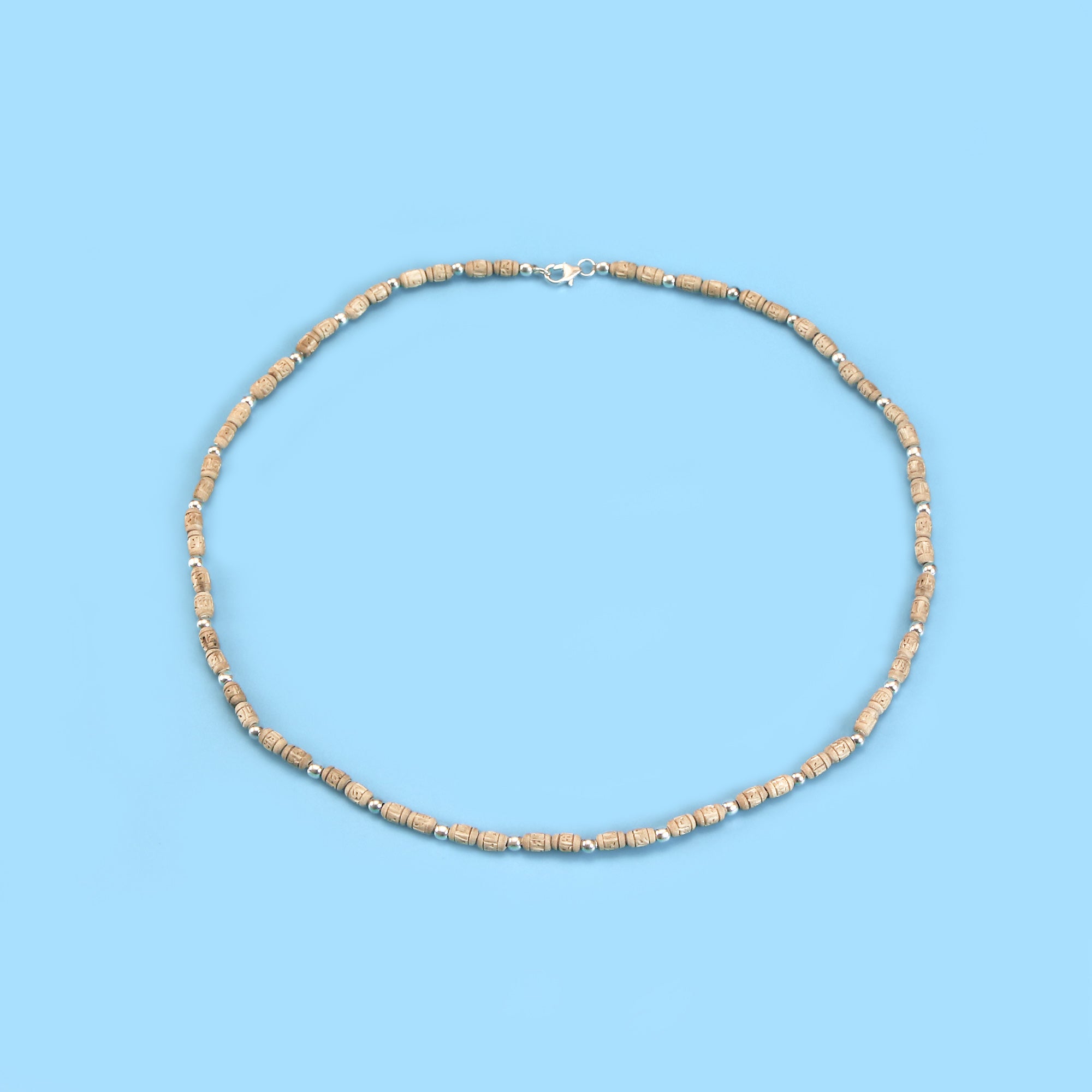 Silver Tulsi Kanthi Mala - Cylindrical Carved Tulsi Beads