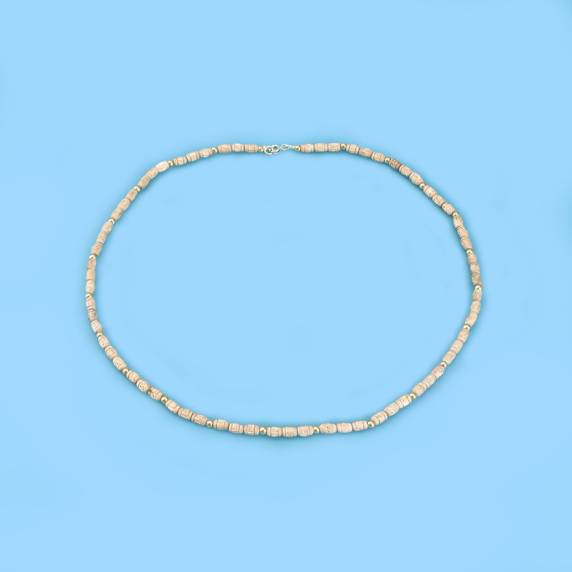 Gold Tulsi Kanthi Mala - Cylindrical Carved Tulsi Beads with Gold Beads