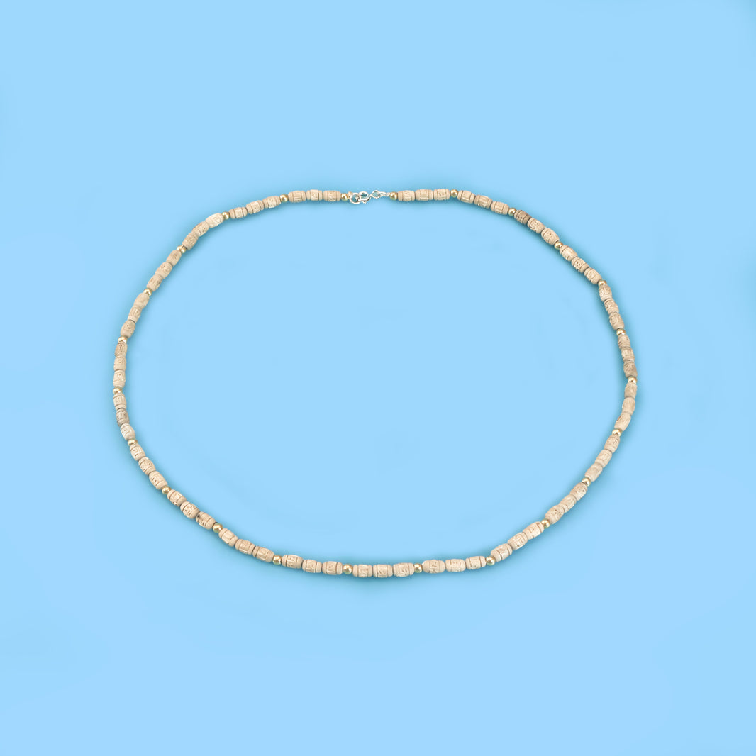 Gold Tulsi Kanthi Mala - Cylindrical Carved Tulsi Beads with Gold Beads