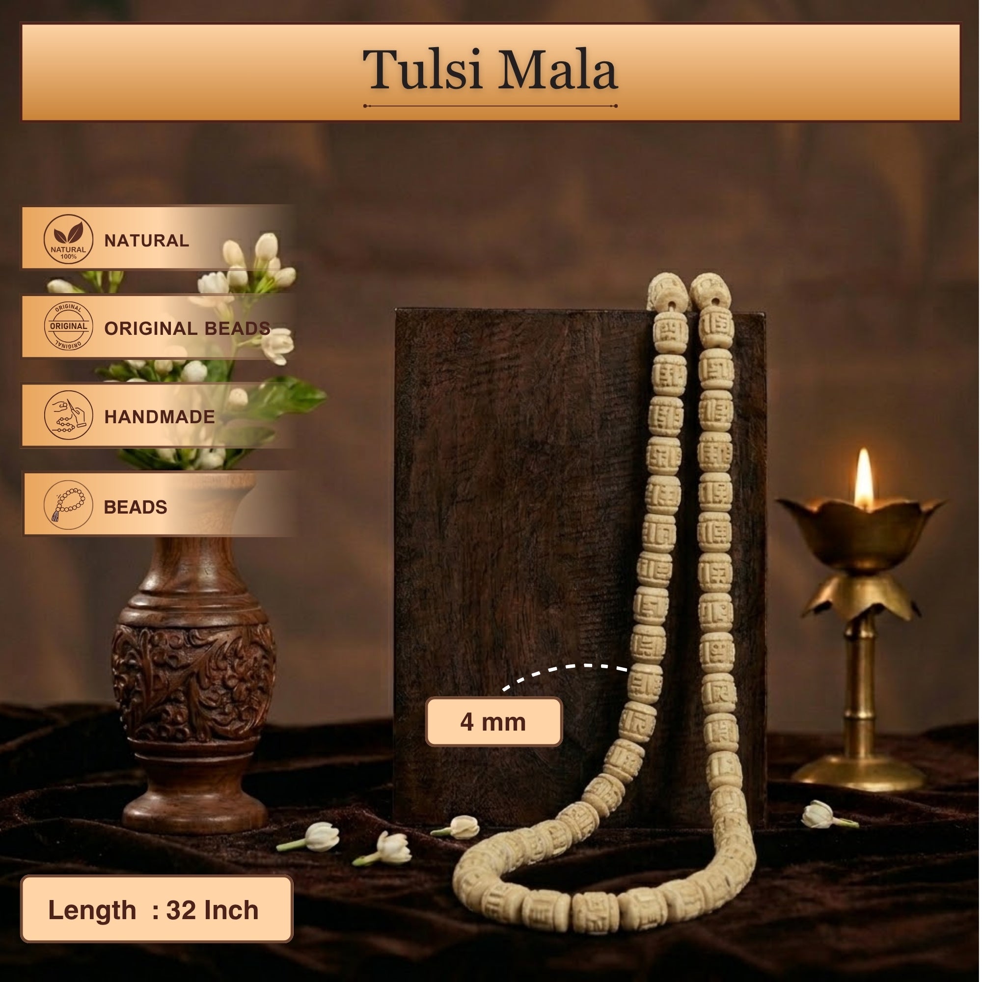Tulsi Kanthi Mala 2 Round – Handcrafted with Fine Carving on Small Beads