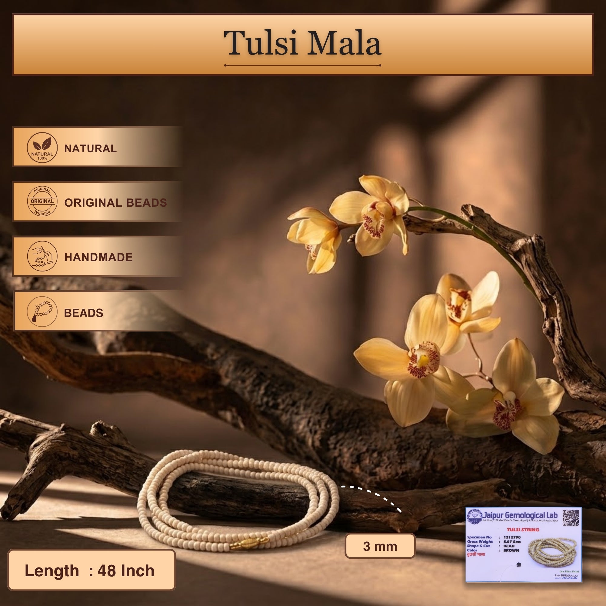 Tulsi Kanthi Mala 3 Round - Small Round Beads Made from Pure Tulsi