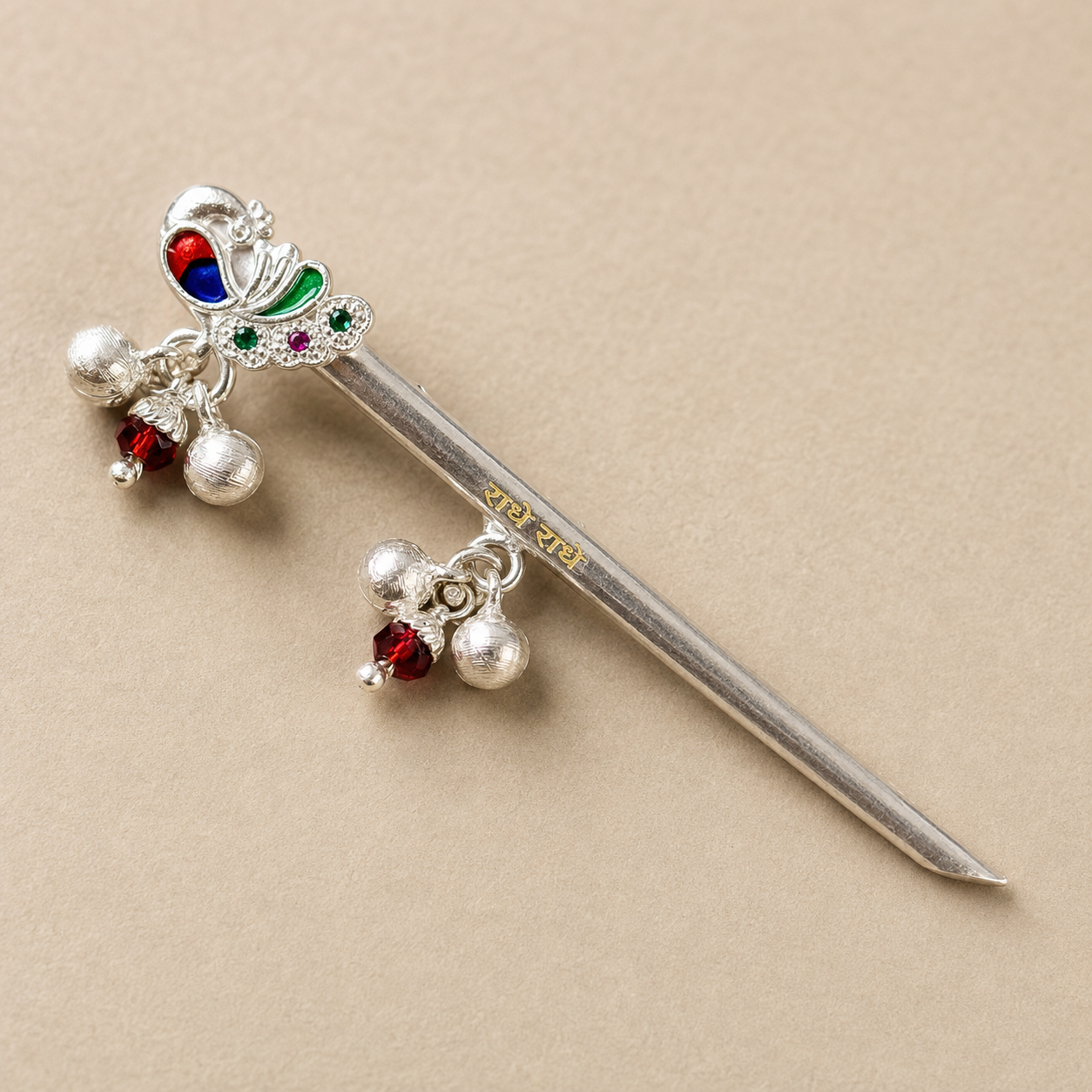 Pure Silver Flute for Deity Handcrafted Bansuri alternate product view showing hanging silver chain drops