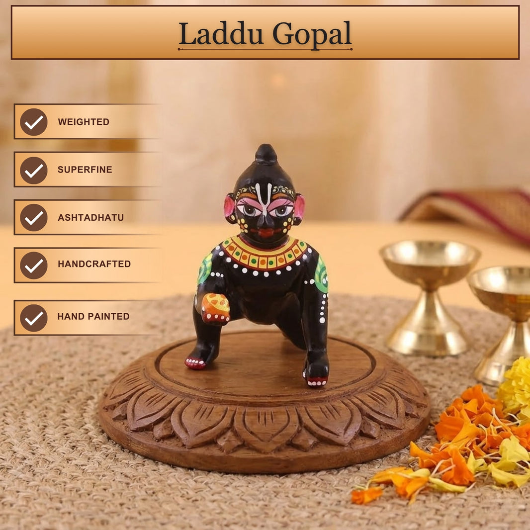 Black Laddu Gopal Ashtadhatu Idol - Hand Painted Unique Design with Attractive Eyes