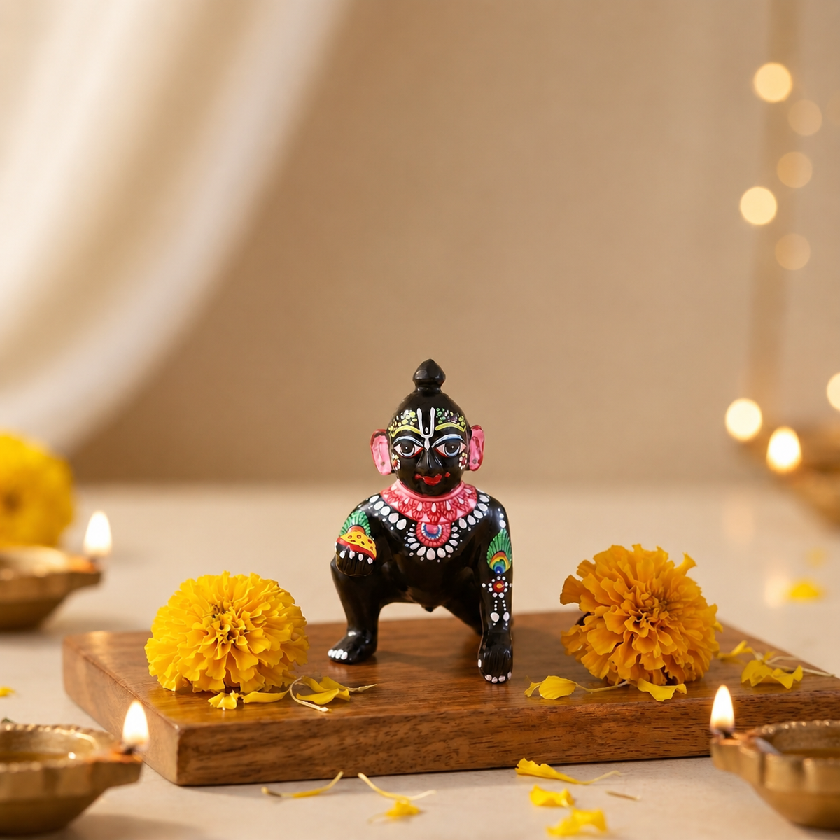 4 No. hand-painted black Ashtadhatu Laddu Gopal idol measuring 10 cm high and 6 cm wide