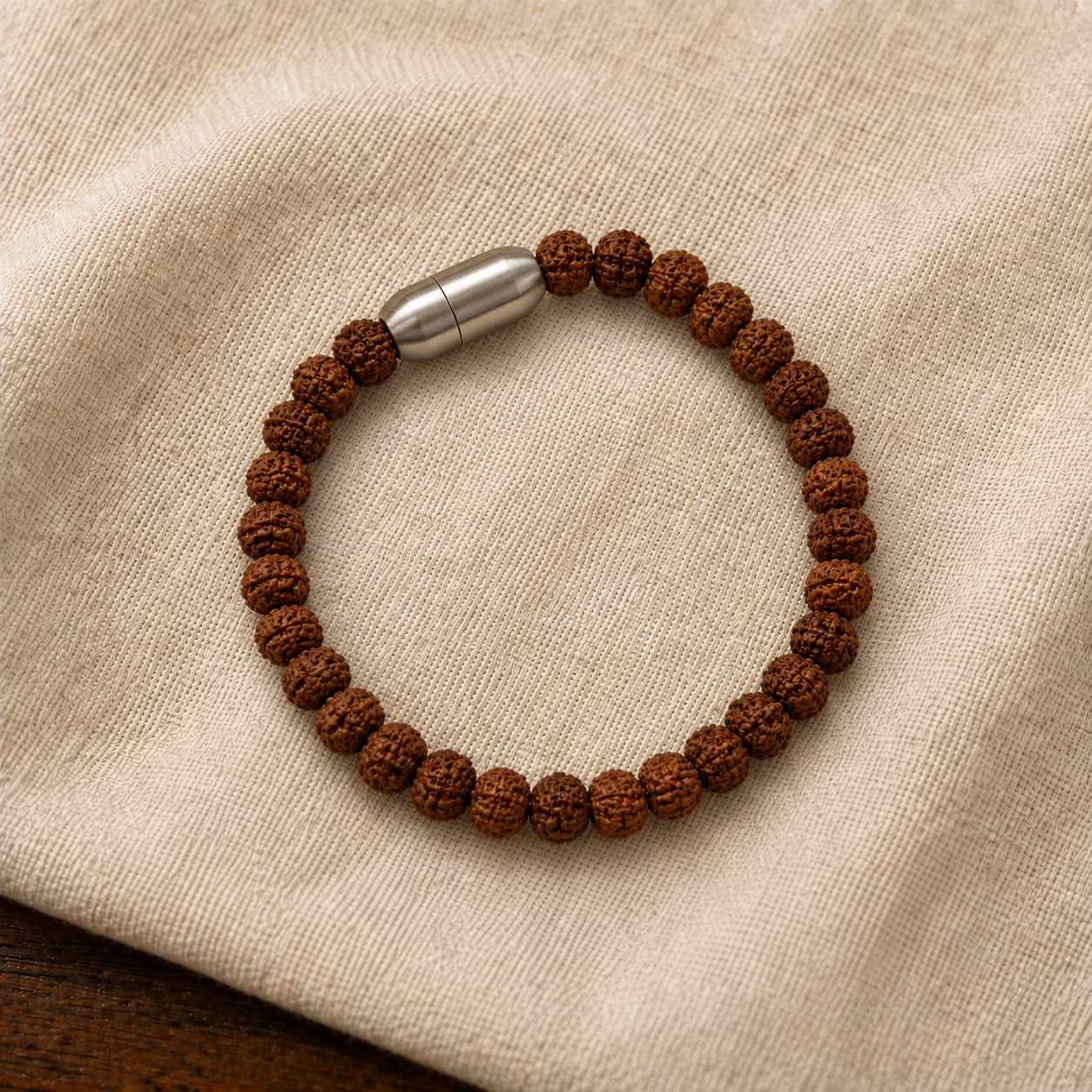 Detailed view of original 5 Mukhi Rudraksha natural beads showing distinct mukhi lines
