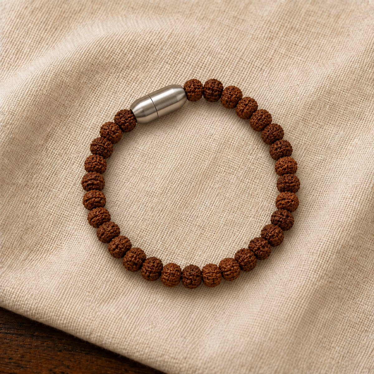 Detailed view of original 5 Mukhi Rudraksha natural beads showing distinct mukhi lines