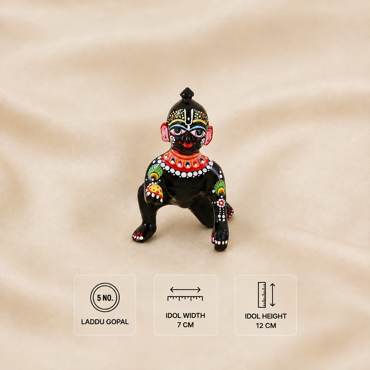 5 No. hand-painted black Ashtadhatu Laddu Gopal idol measuring 12 cm high and 7 cm wide
