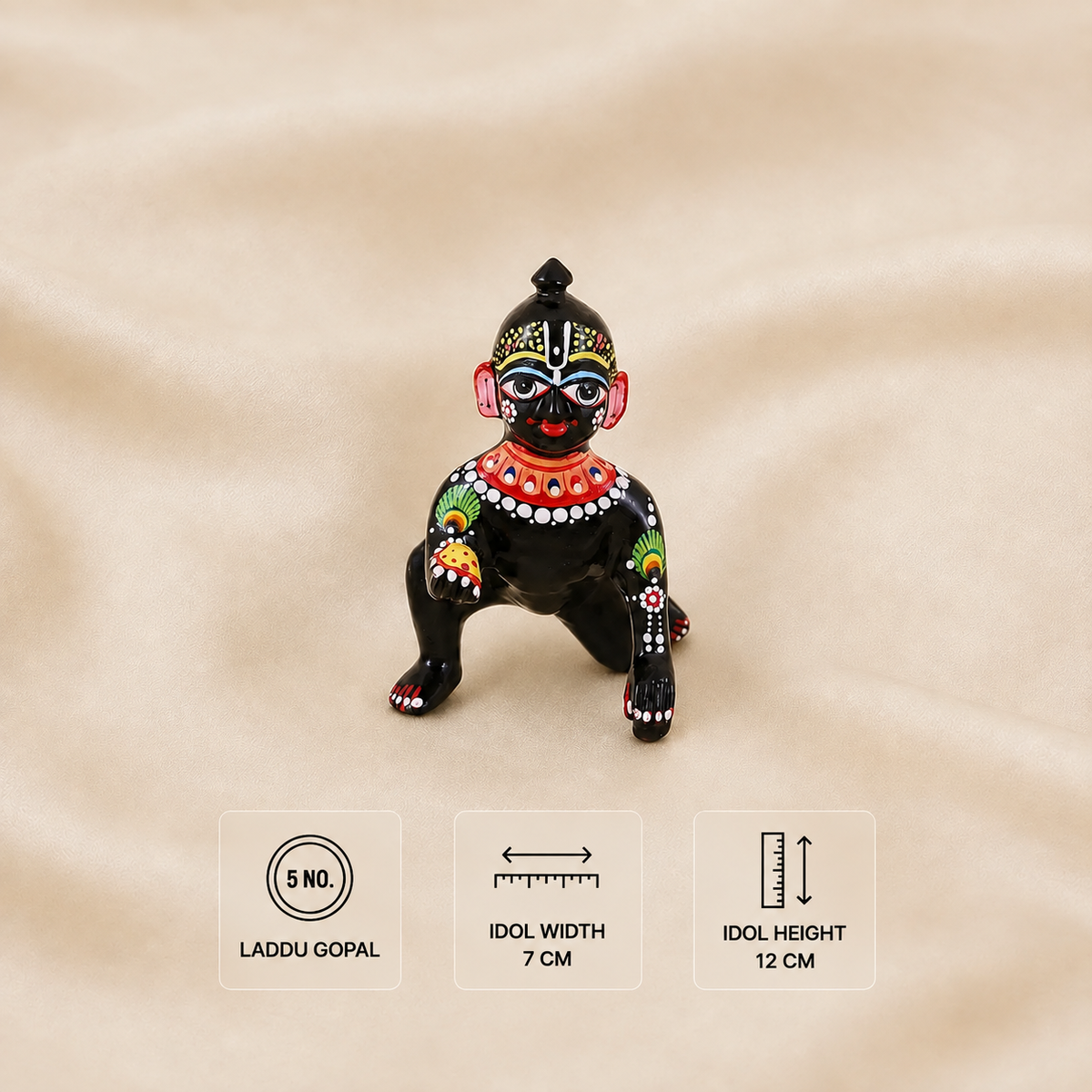 5 No. hand-painted black Ashtadhatu Laddu Gopal idol measuring 12 cm high and 7 cm wide
