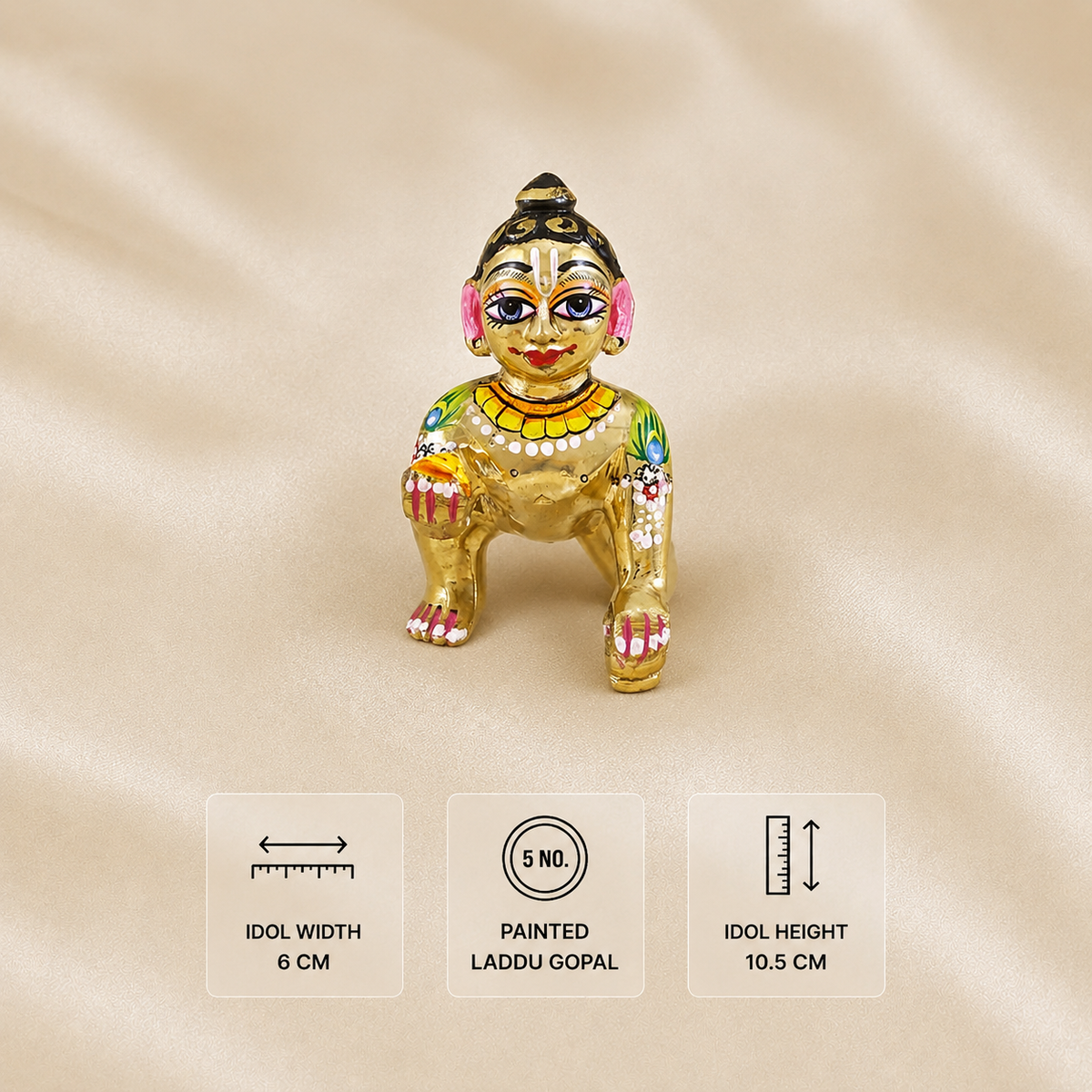 5 No. hand-painted golden Ashtadhatu Laddu Gopal idol measuring 10.5 cm high and 6 cm wide.