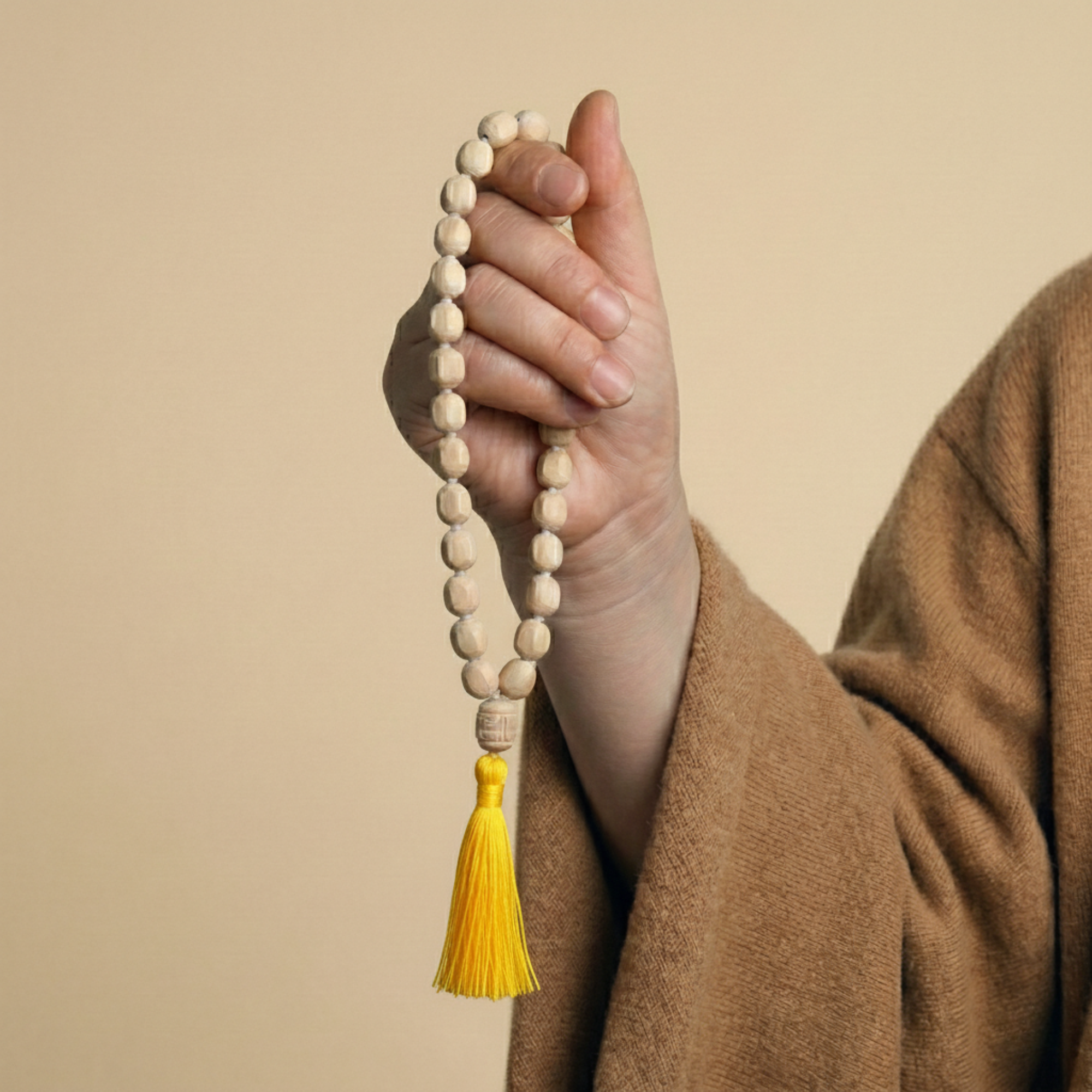 Devotee's hand holding a 54 bead Tulsi japa mala for prayer and chanting