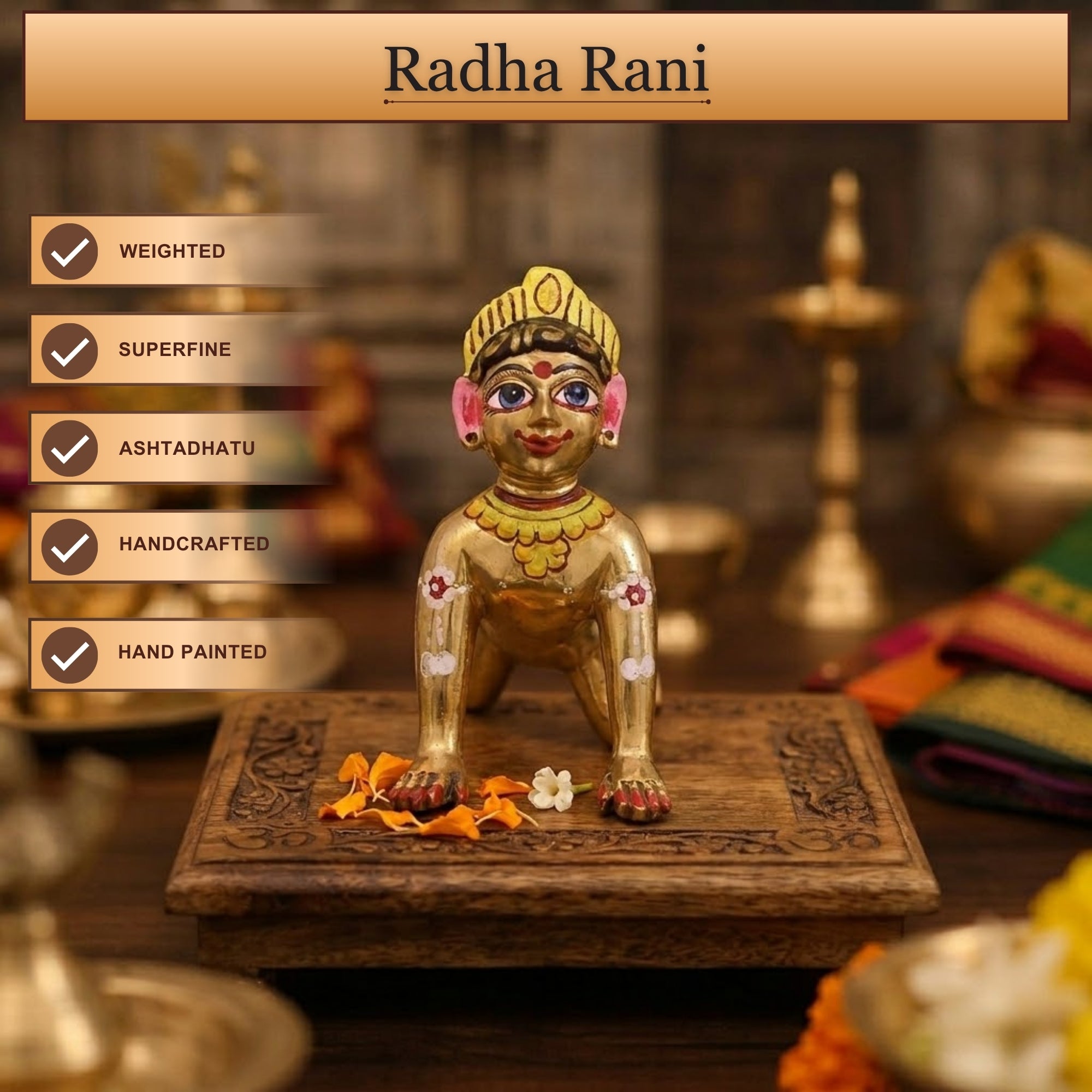 Radha Rani Ashtadhatu Idol - Plain Beautiful Ladli Ji with Atrractive Eyes
