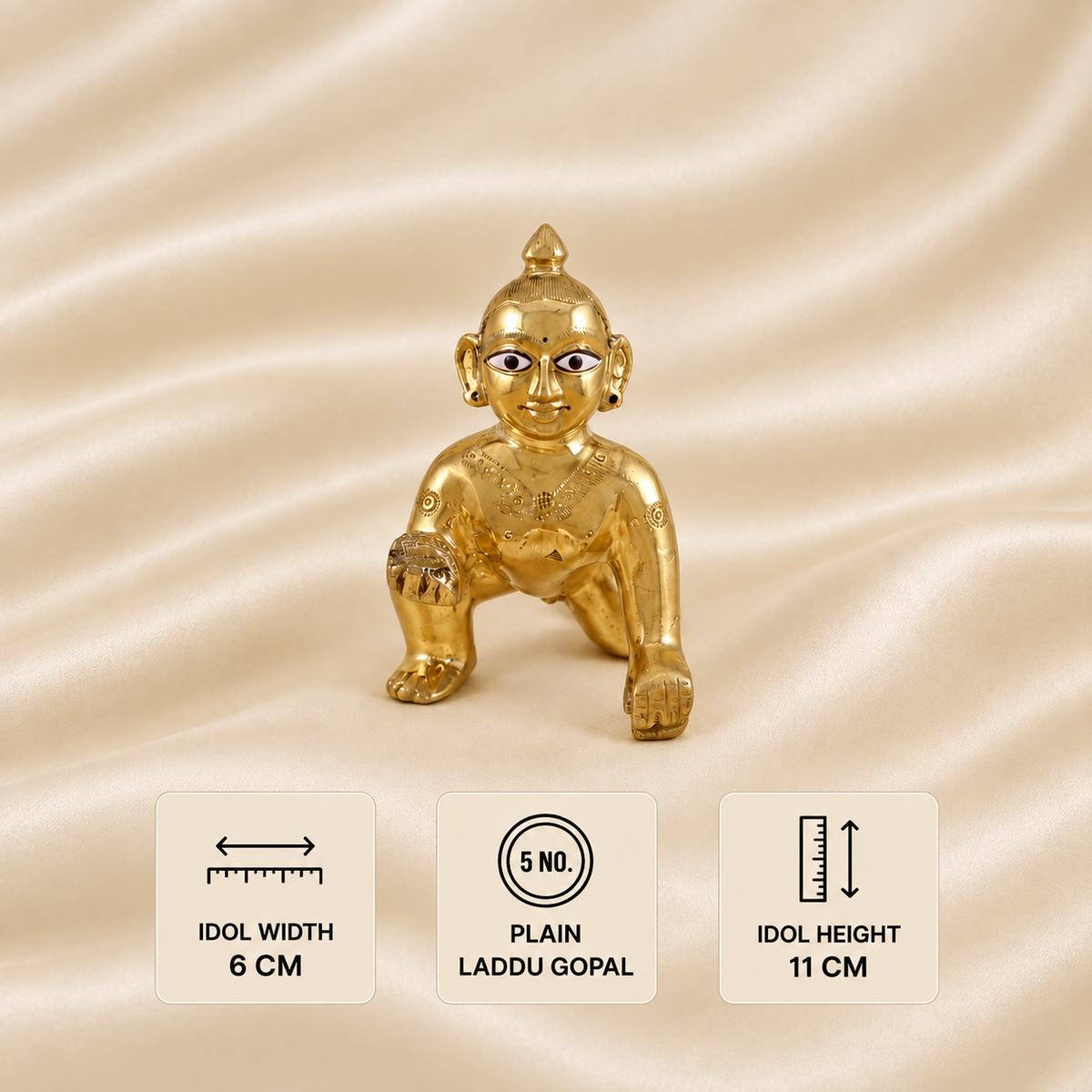 5 No. plain gold Laddu Gopal idol, 11 cm height and 6 cm width