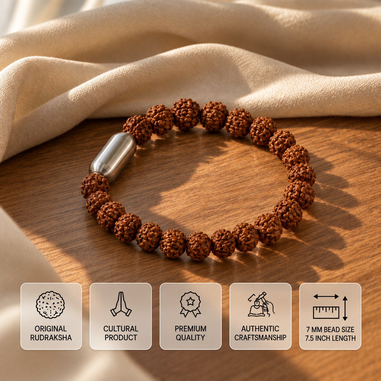 Stainless steel magnetic clasp mechanism on a original 6 Mukhi Rudraksha wrist bracelet