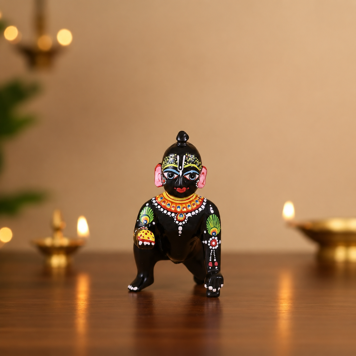 6 No. hand-painted black Ashtadhatu Laddu Gopal idol measuring 13.3 cm high and 7.5 cm wide.