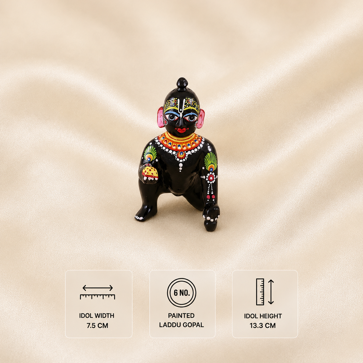 6 No. hand-painted black Ashtadhatu Laddu Gopal idol measuring 13.3 cm high and 7.5 cm wide.