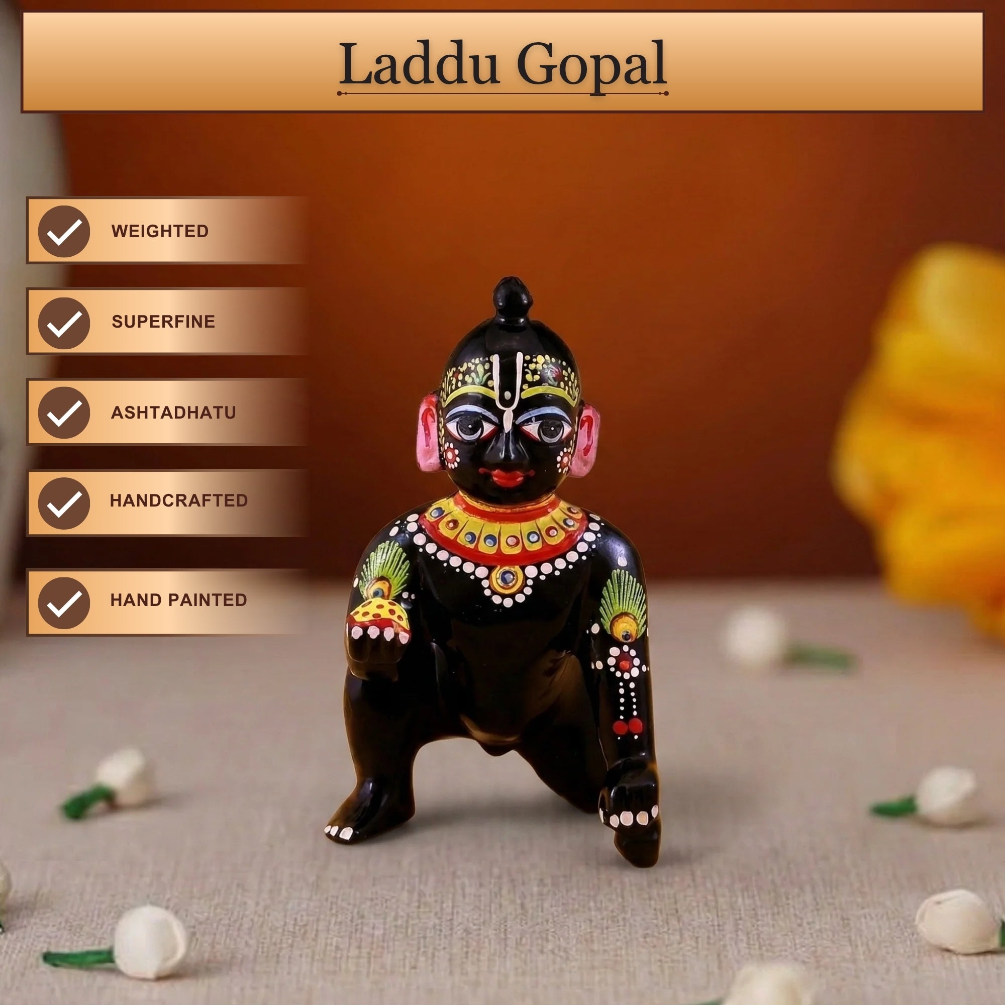 Black Laddu Gopal Brass Idol - Beautiful Hand Painted Shringar Baby Krishna