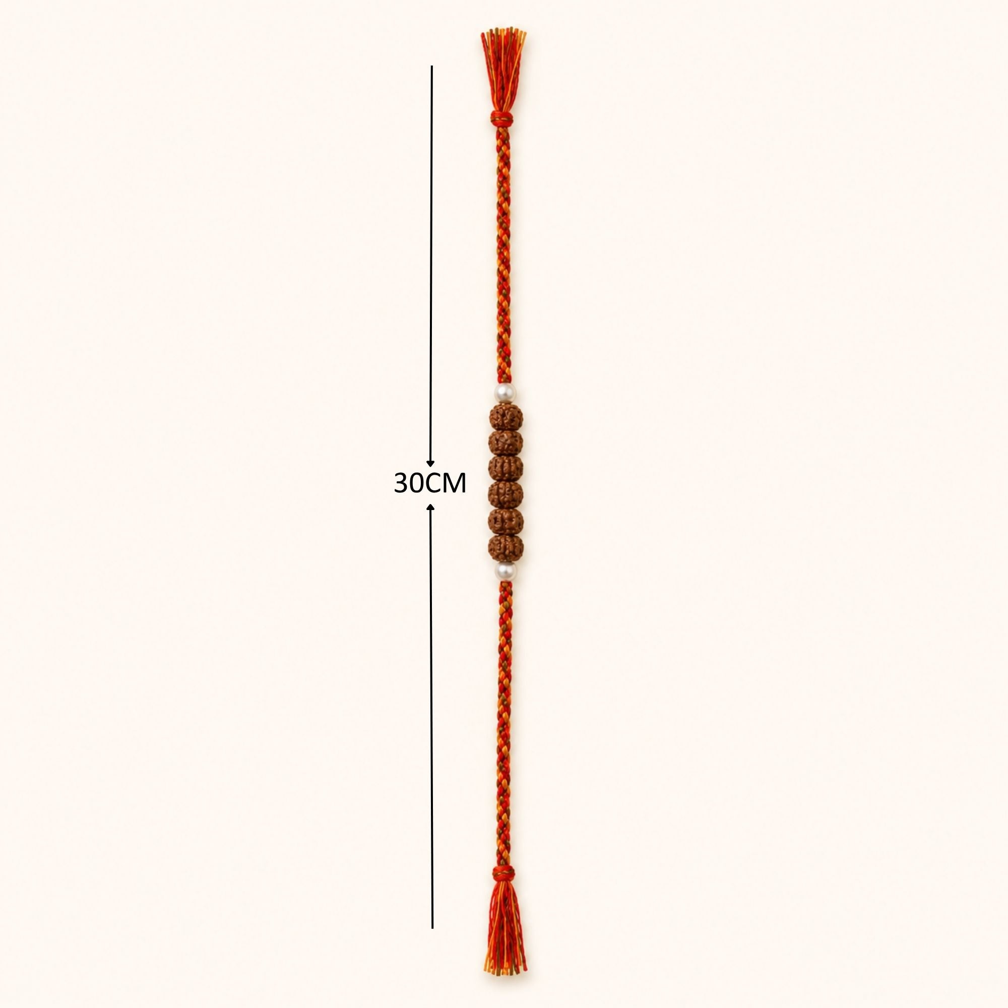 Full length layout showing thread length and dimensions of 6 natural Rudraksha rakhi