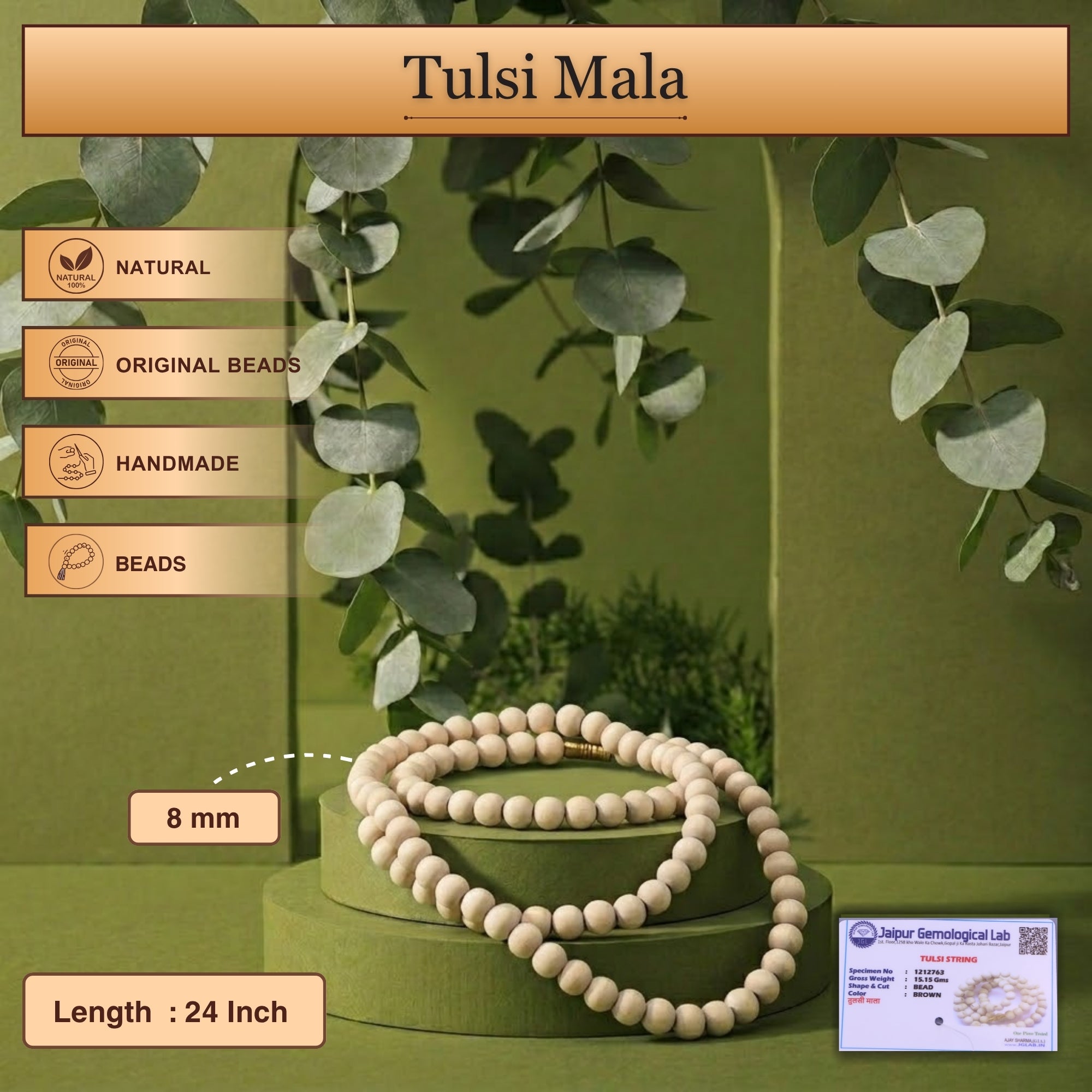 Size details showing 8mm big round beads and 24-inch length of the Tulsi Kanthi Mala