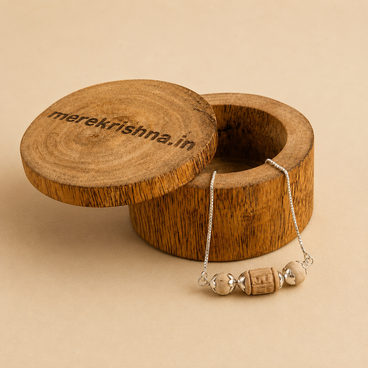 925 pure silver carved Tulsi bead chain bracelet displayed with a traditional wooden gift box