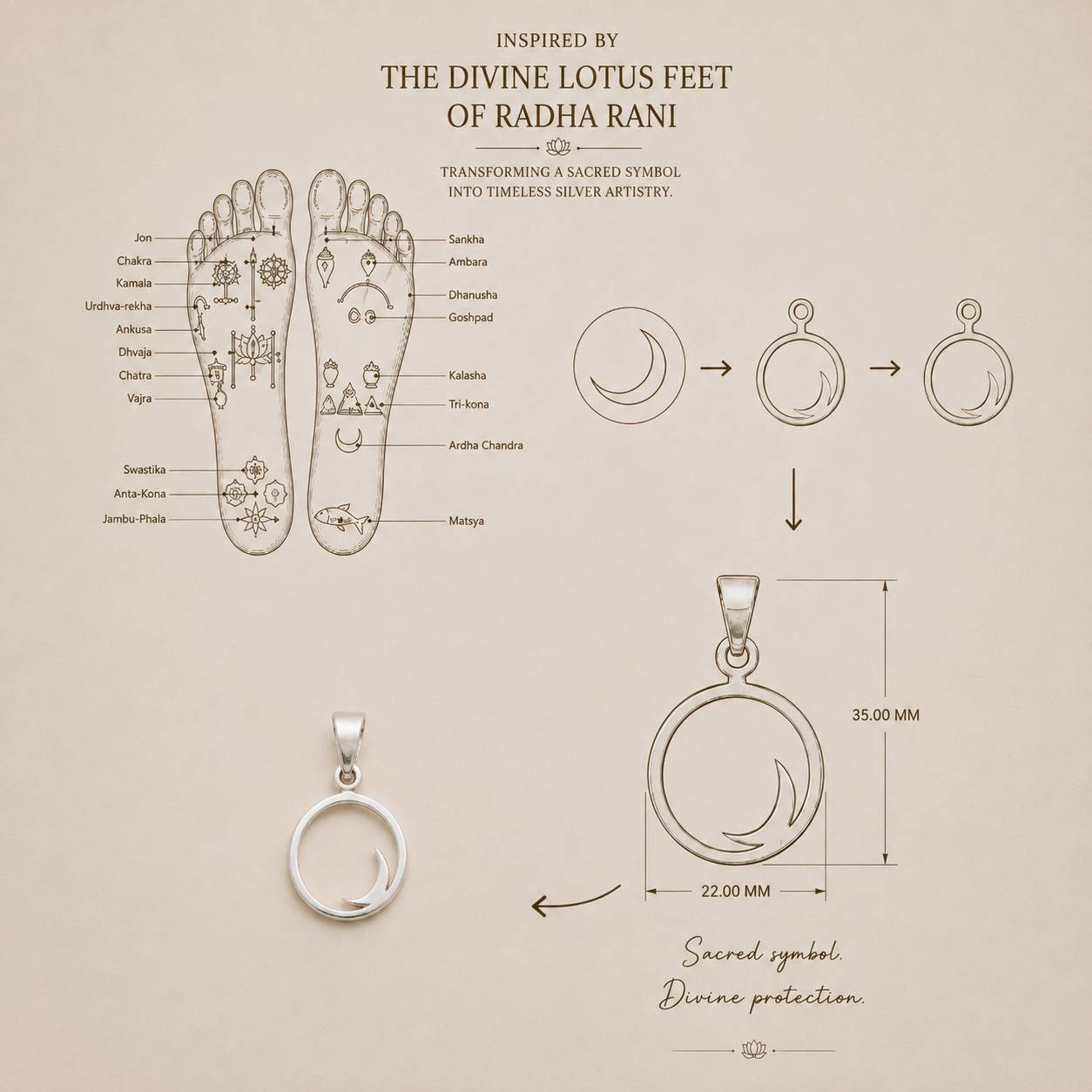 925 silver crescent pendant inspired by the divine lotus feet of Radha Rani