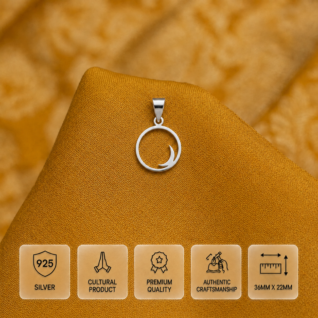 925 silver crescent pendant displayed on golden fabric with 36 mm x 22 mm dimensions