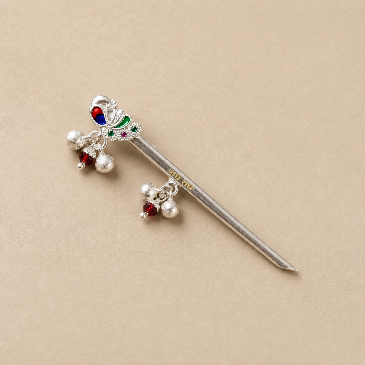 Close-up detail view of handcrafted pure silver flute for Kanha J
