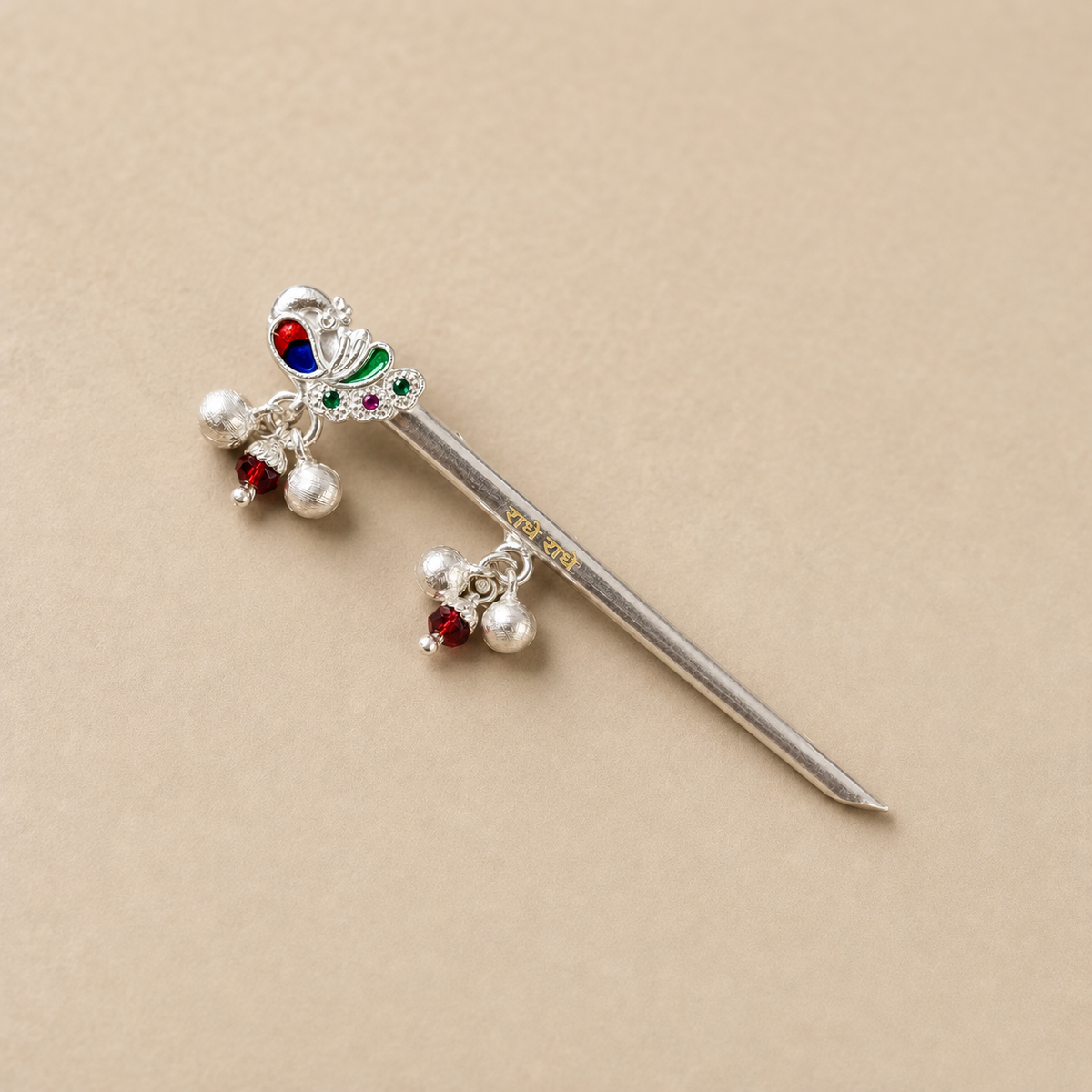 Close-up detail view of handcrafted pure silver flute for Kanha J