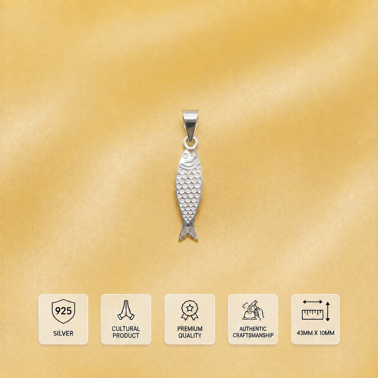 925 silver fish pendant with cultural design, premium craftsmanship and 43 mm x 10 mm dimensions
