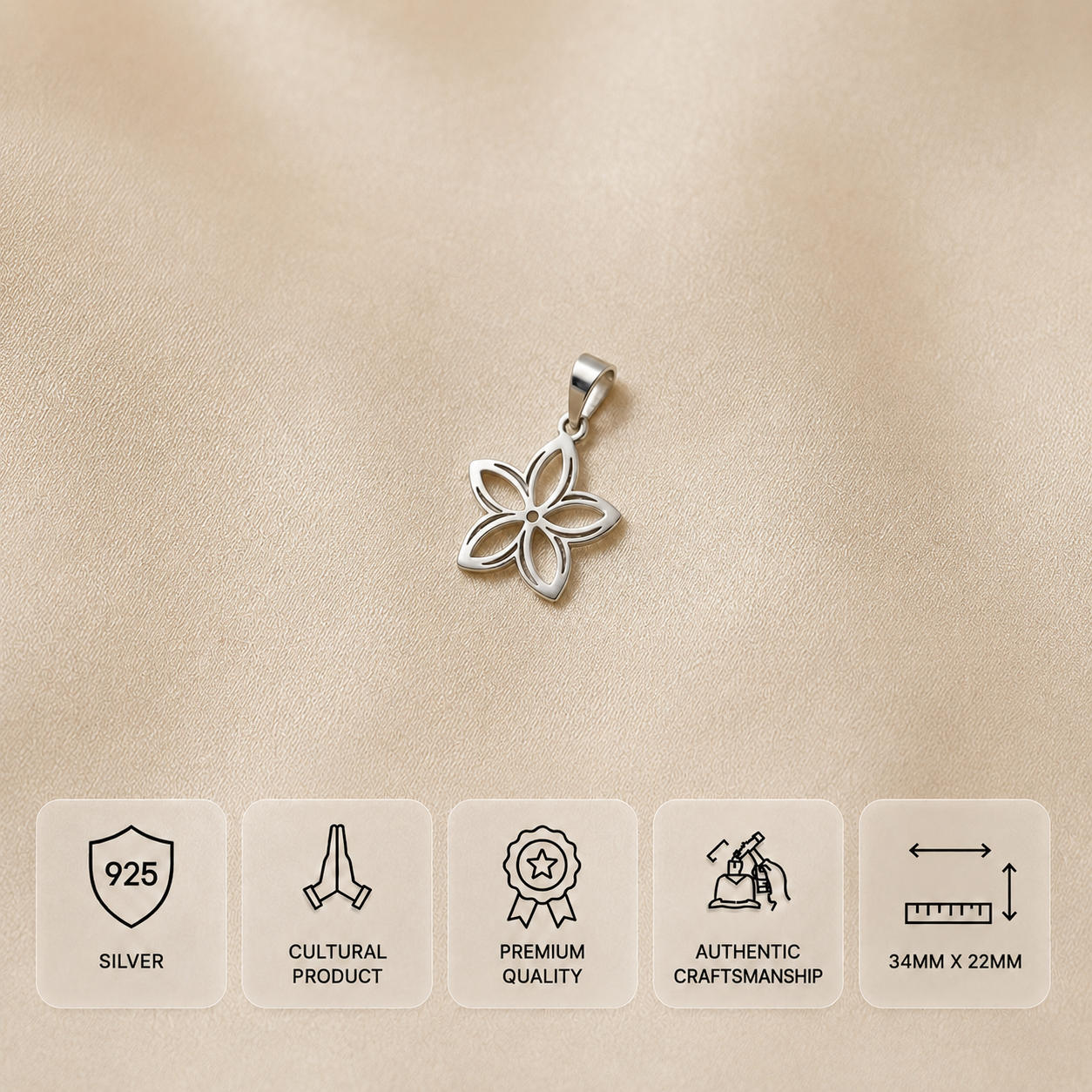 925 silver five-petal flower design pendant measuring 34 x 22 mm on a smooth champagne satin background
