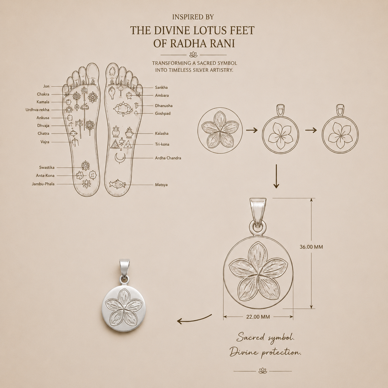925 silver flower pendant measuring 36 x 22 mm, inspired by the divine lotus feet of Radha Rani