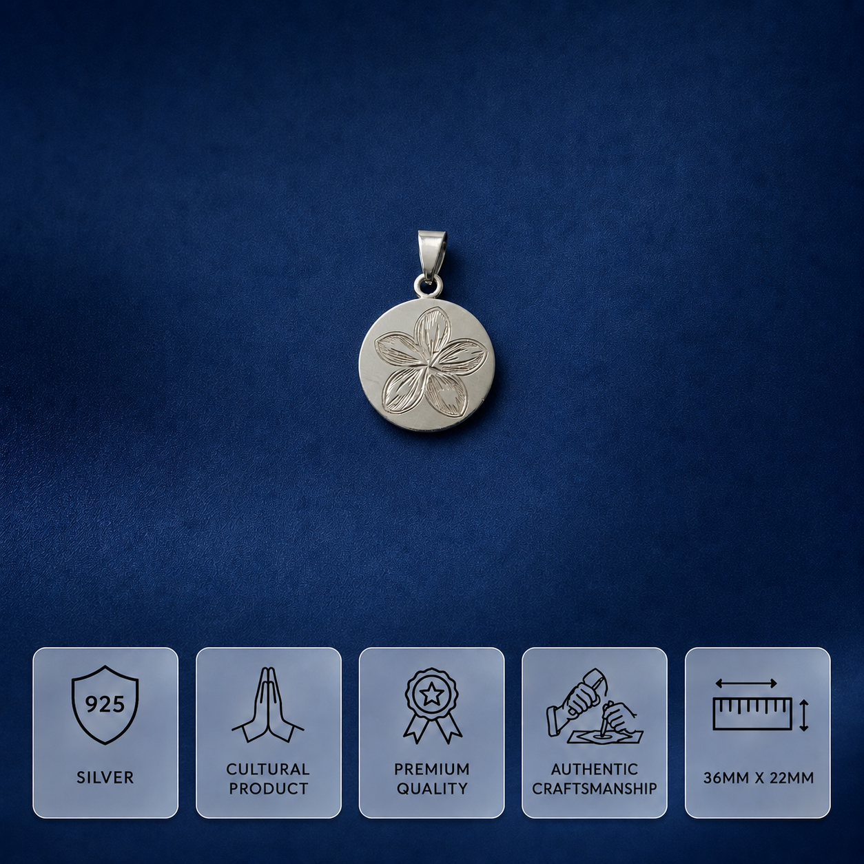 925 silver round flower pendant measuring 36 x 22 mm with an engraved five-petal floral design