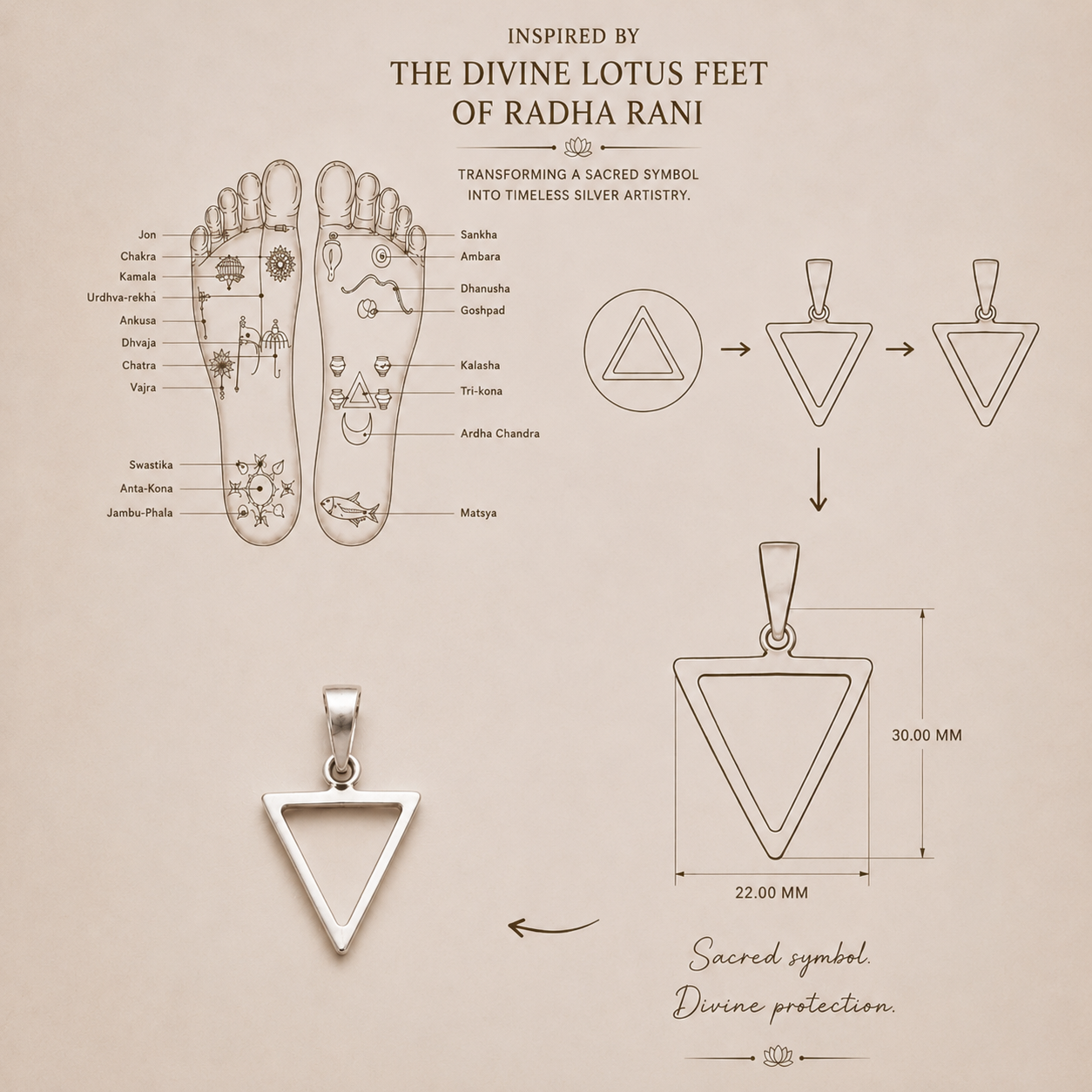 925 silver inverted triangle pendant measuring 30 x 22 mm, inspired by the divine lotus feet of Radha Rani