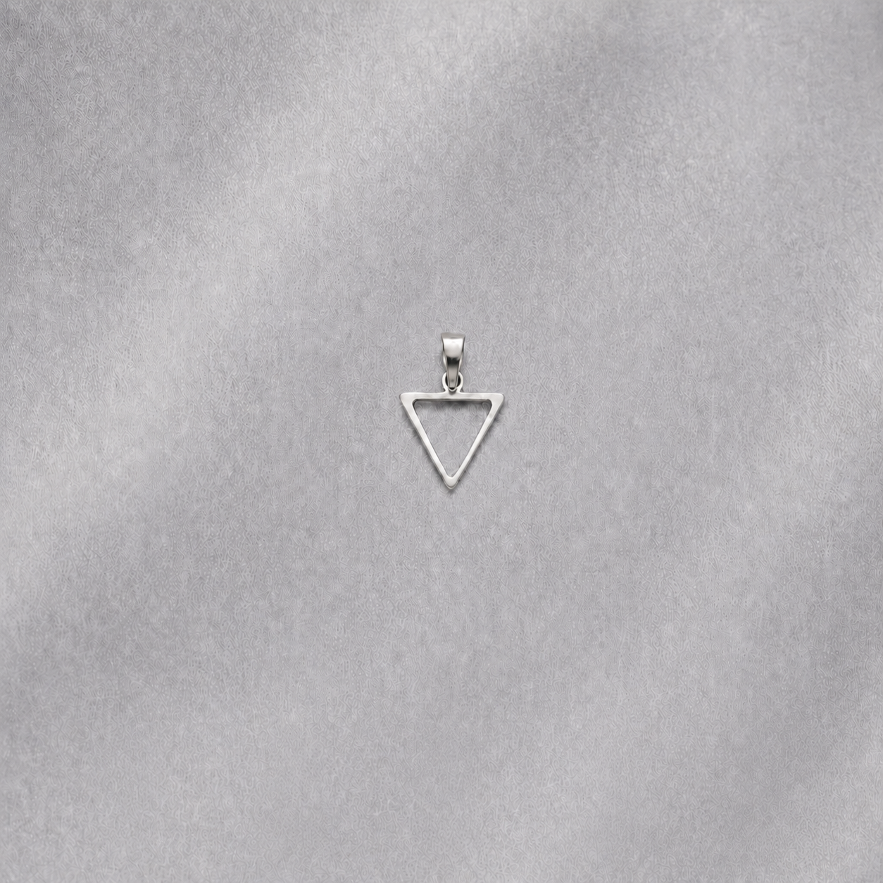 Clear 925 silver inverted triangle pendant measuring 30 x 22 mm on a smooth silver satin background