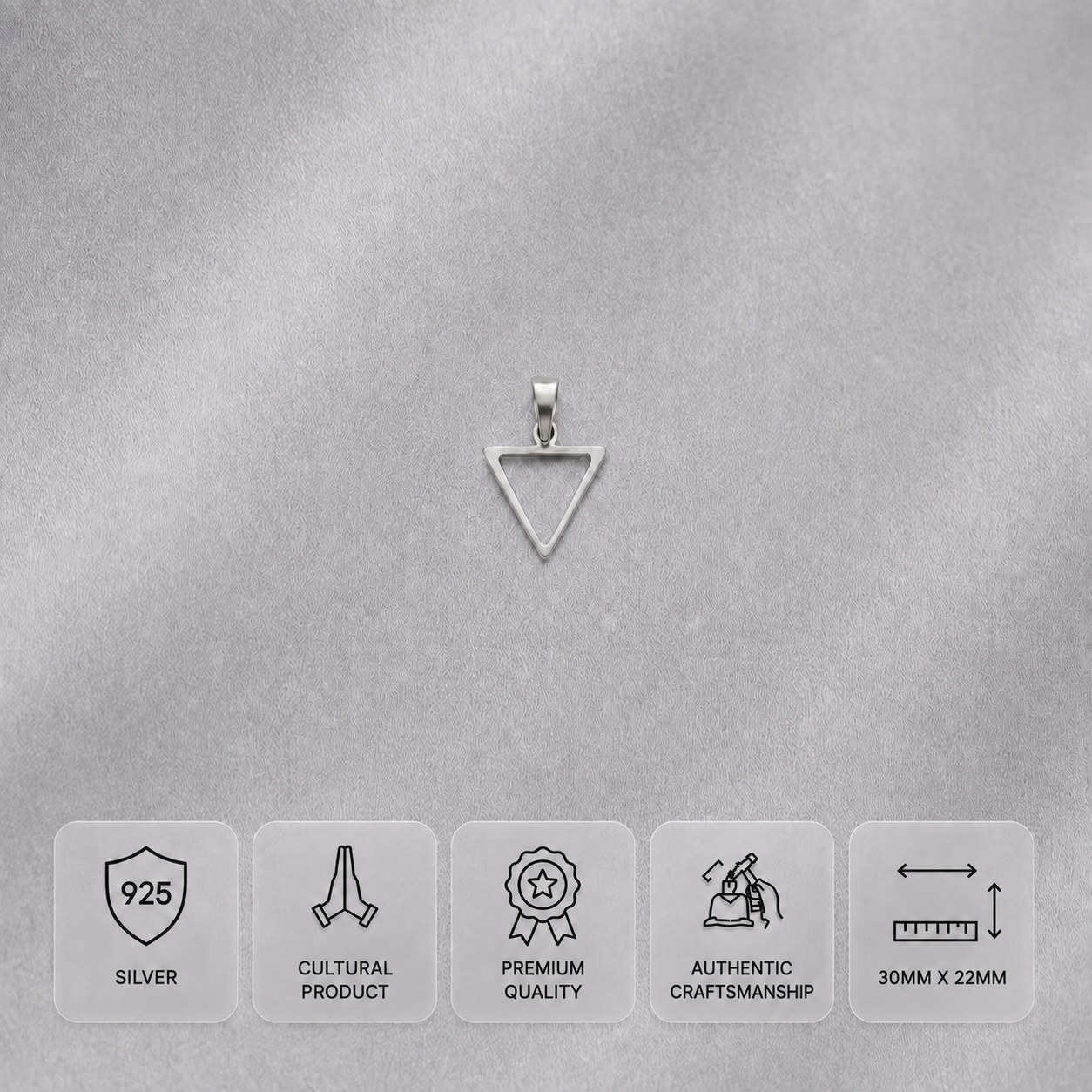 925 silver inverted triangle pendant measuring 30 x 22 mm on a smooth silver satin background