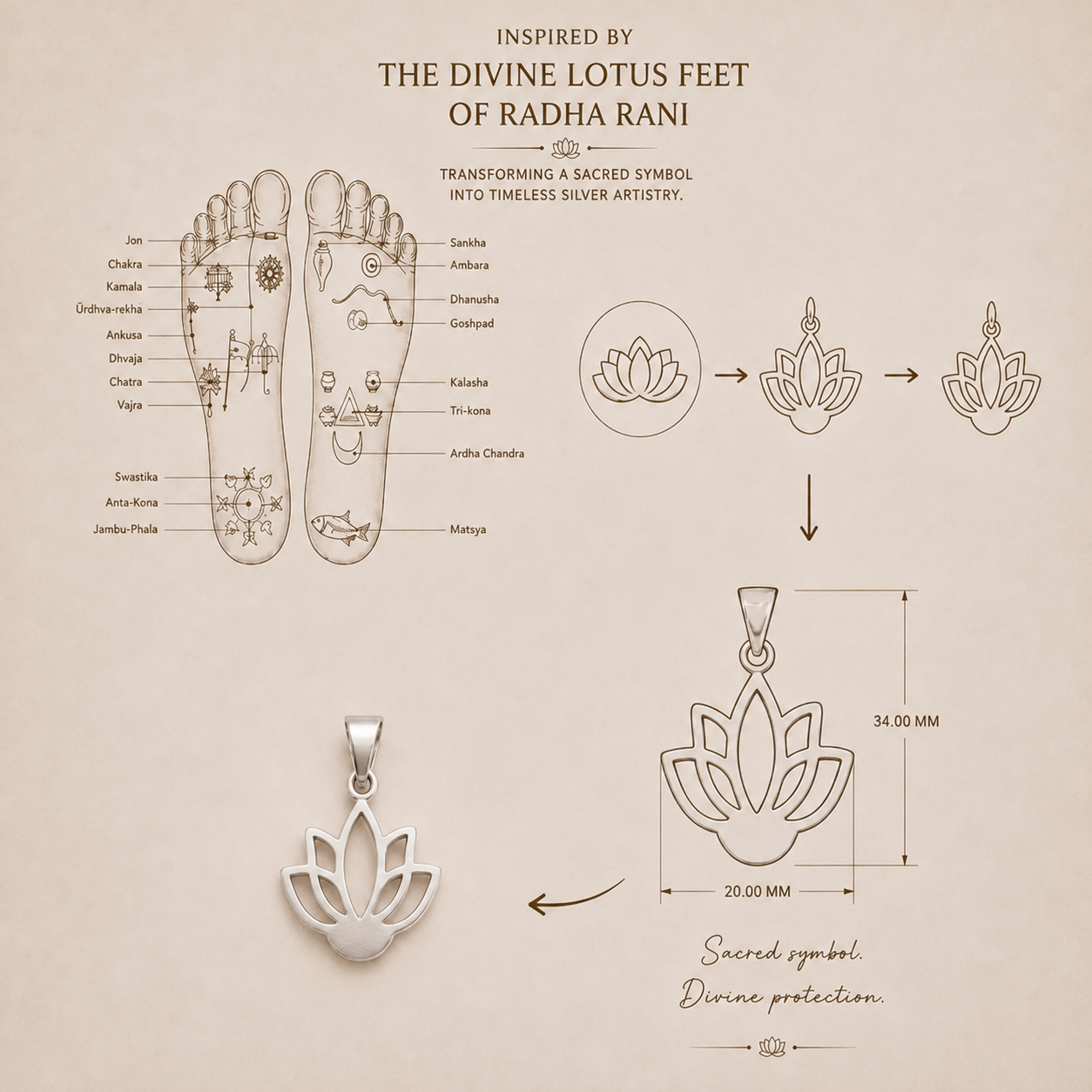 925 silver lotus design pendant measuring 34 x 20 mm, inspired by the divine lotus feet of Radha Rani