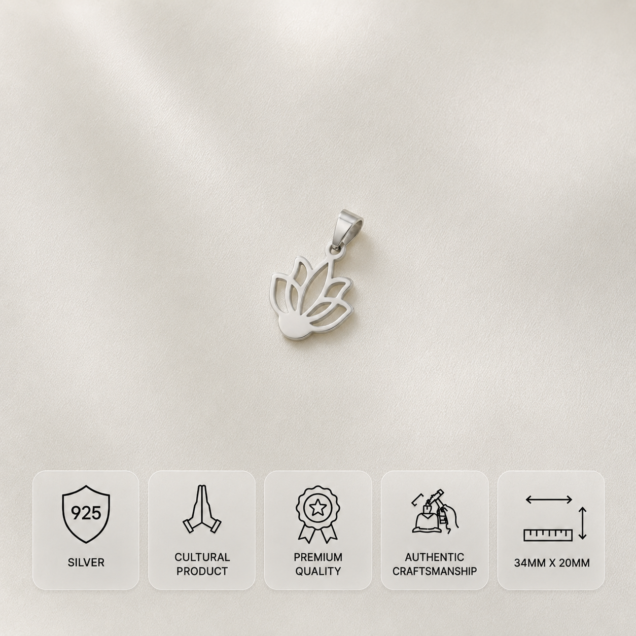 925 silver lotus design pendant measuring 34 x 20 mm on a smooth ivory satin background