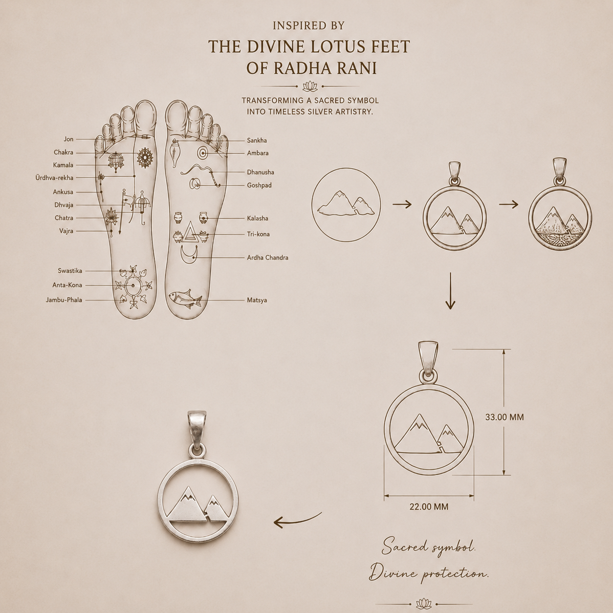 925 silver mountain design pendant measuring 33 x 22 mm diagram, inspired by the divine lotus feet of Radha Rani